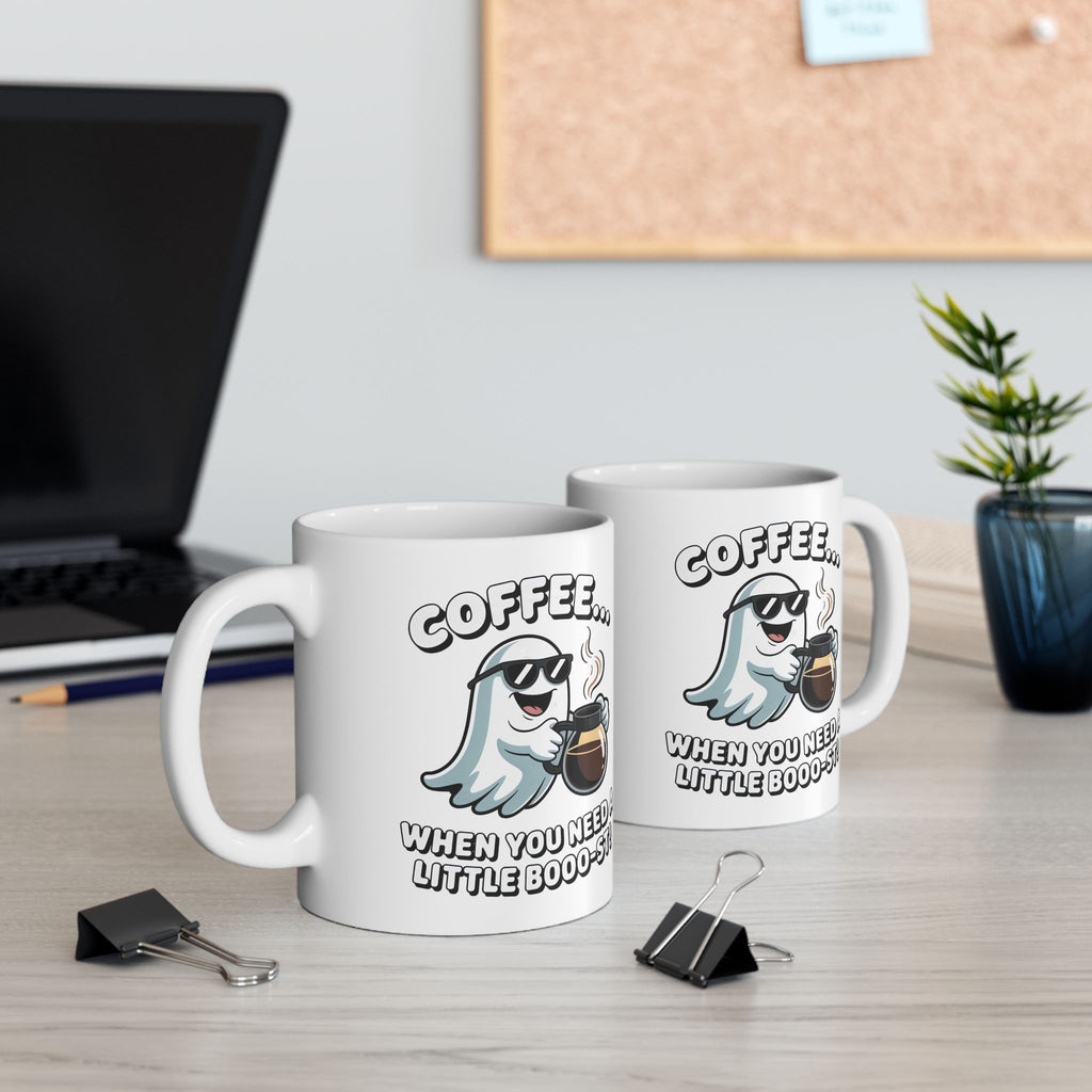 Coffee Ghost Ceramic Mug – Cute Ghost Saying "When you Need A Little Boost" (11oz & 15oz)