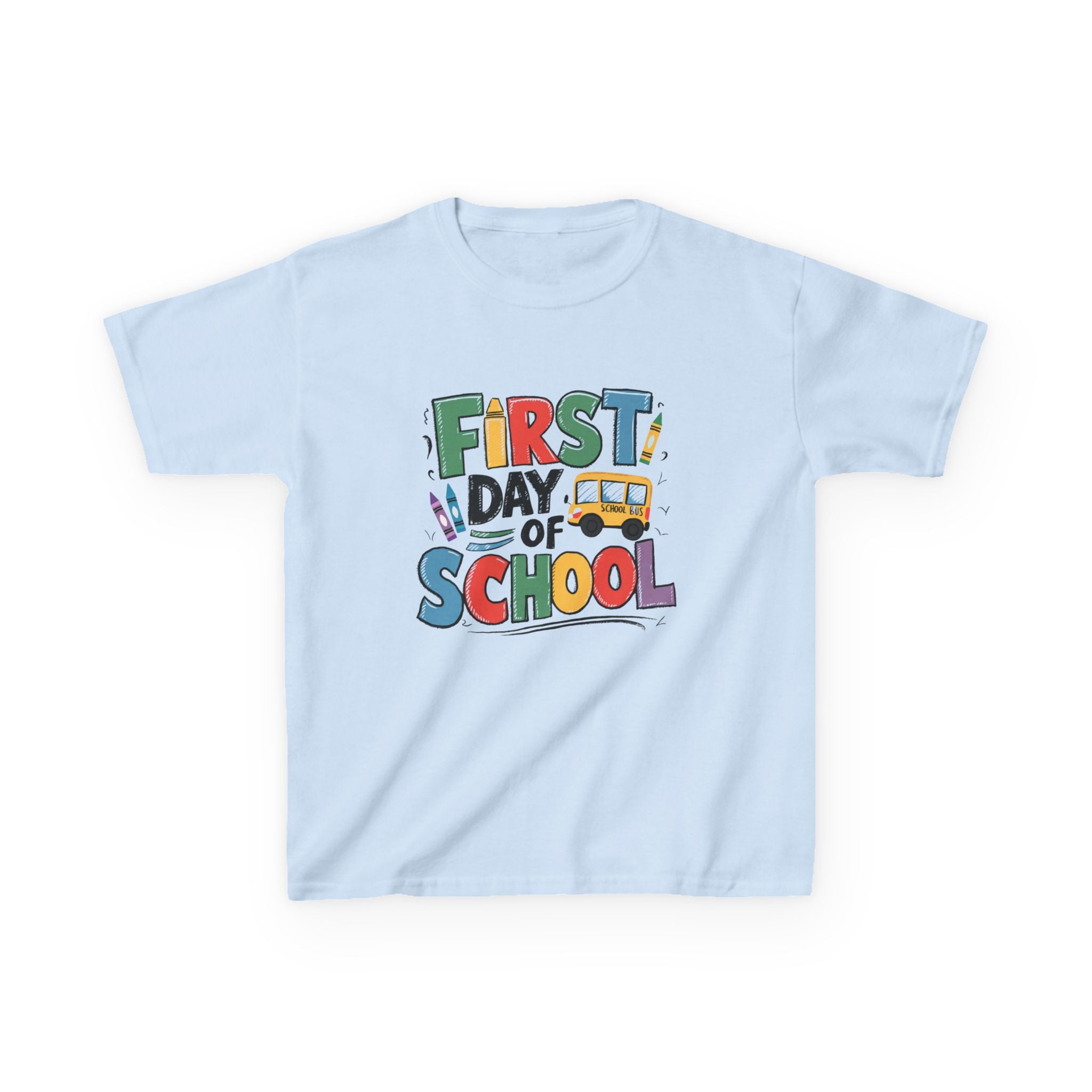 First Day of School Kids T-Shirt — Colorful Back-to-School Tee with School Bus Design
