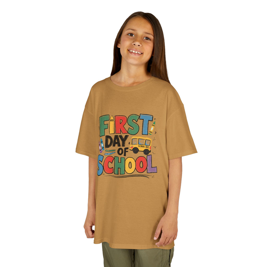 First Day of School Kids T-Shirt — Colorful Back-to-School Tee with School Bus Design