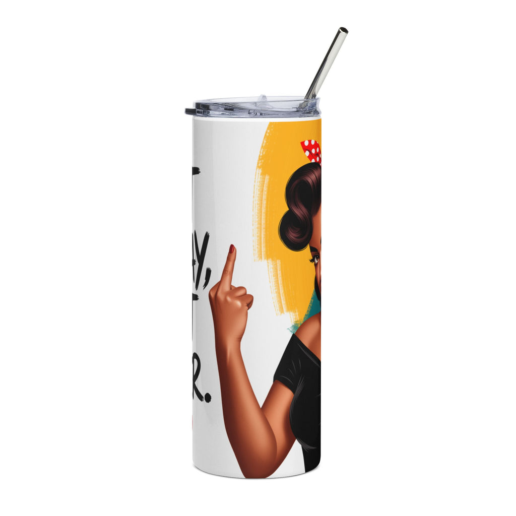 A tall white insulated tumbler with a clear lid and metal straw, printed with a retro-style illustration of a woman pointing upward against a yellow brushstroke background.