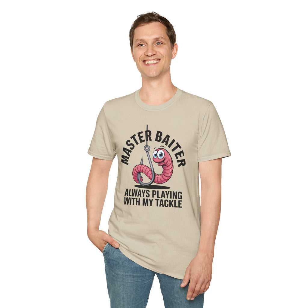 Master Baiter Fishing T-Shirt — Funny Worm Hook Tee ("Always Playing With My Tackle")
