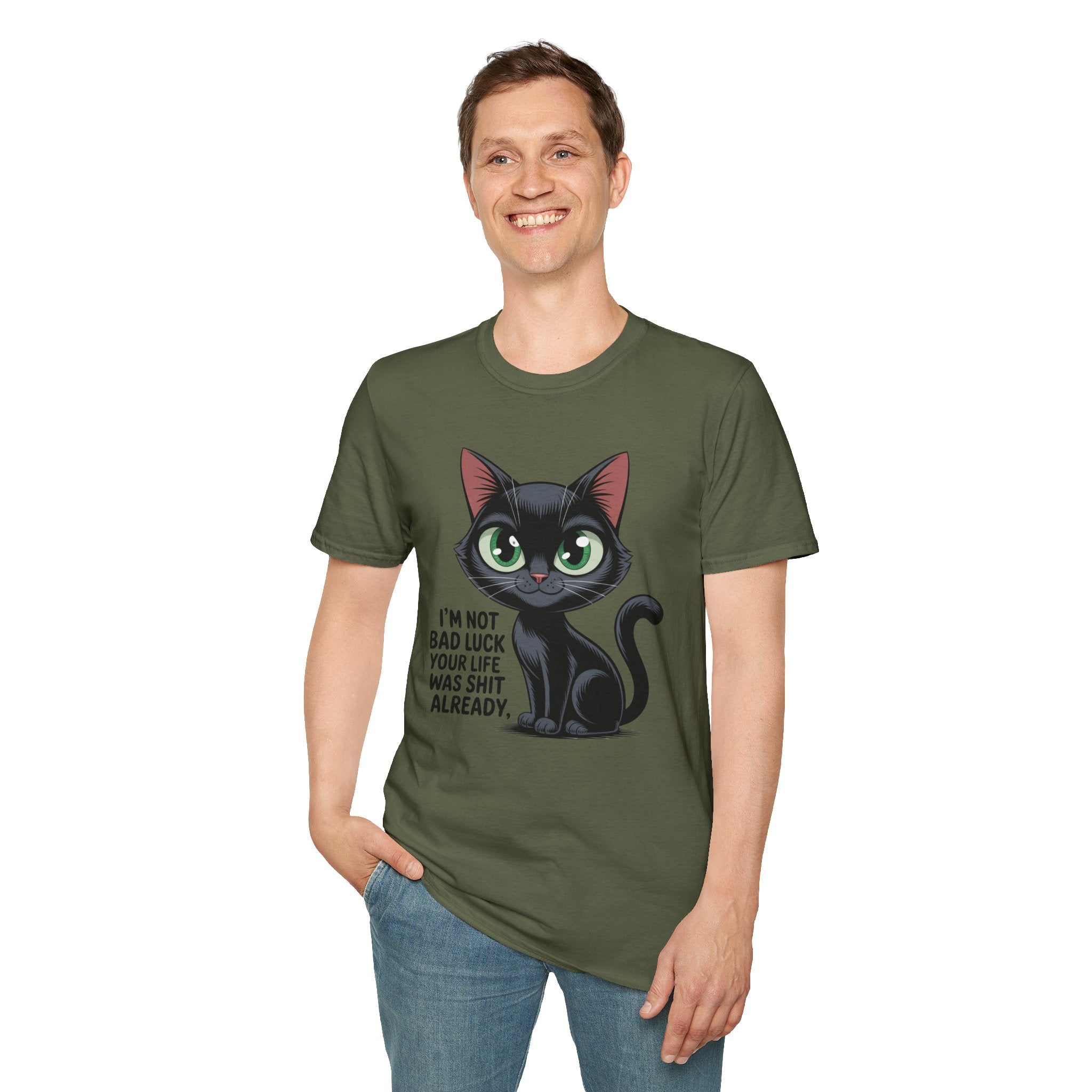Funny Black Cat T-Shirt — I'm Not Bad Luck Dark Humor Gift Tee for Cat Lovers