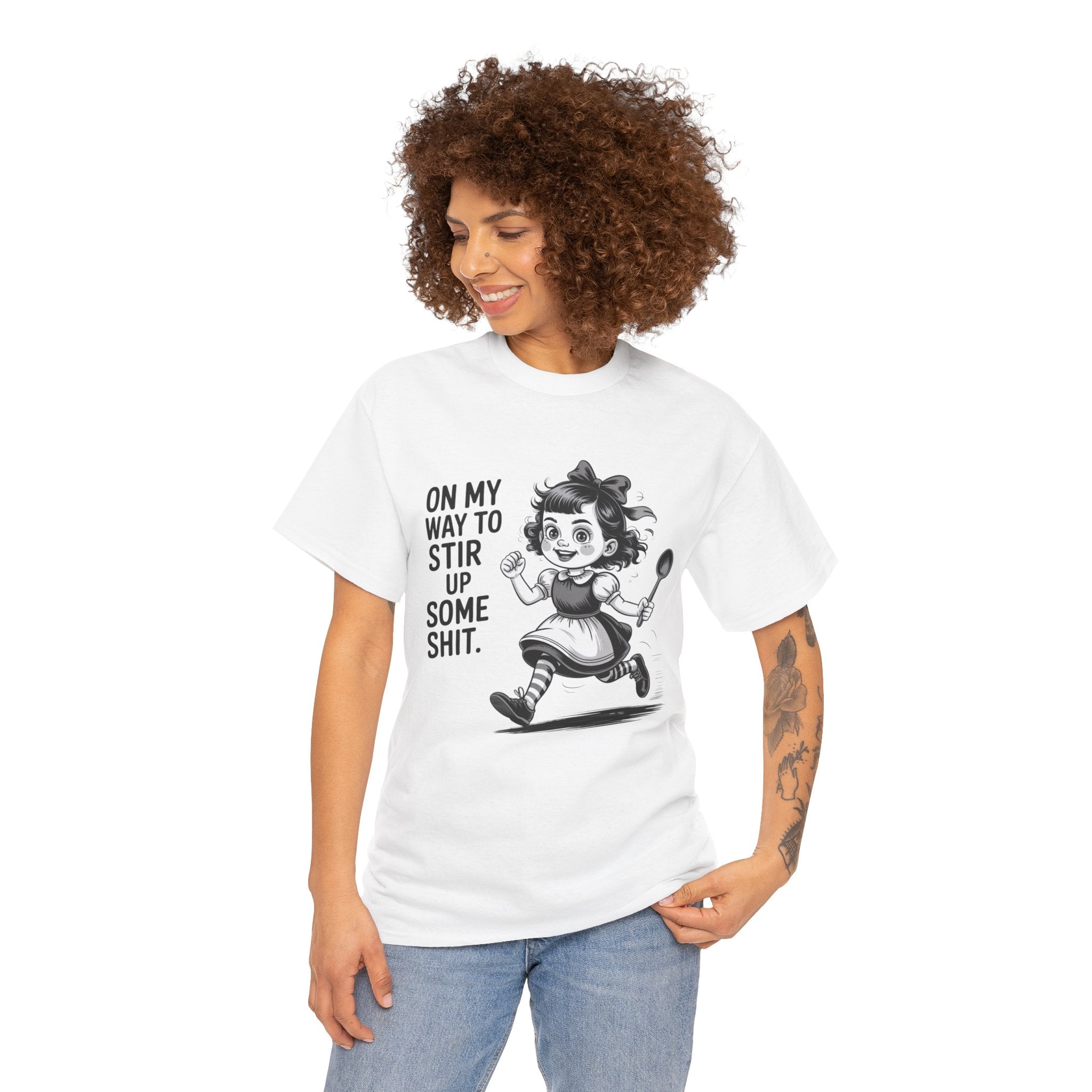 Stir Up Some Shit Tee — Retro Mischief Girl Graphic T-Shirt