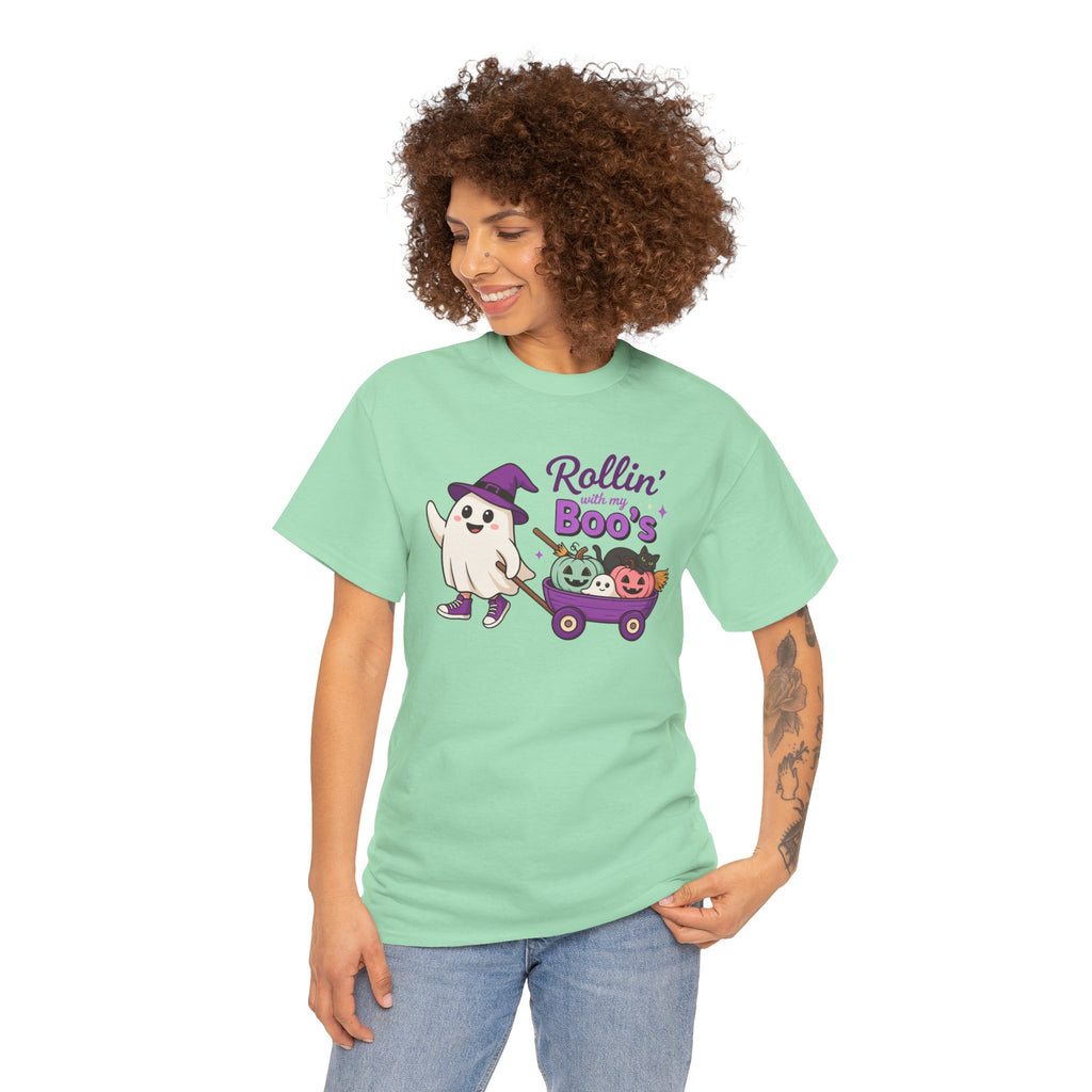 Rollin' Boo's Halloween Tee — Cute Ghost Wagon Pumpkin Kids Shirt