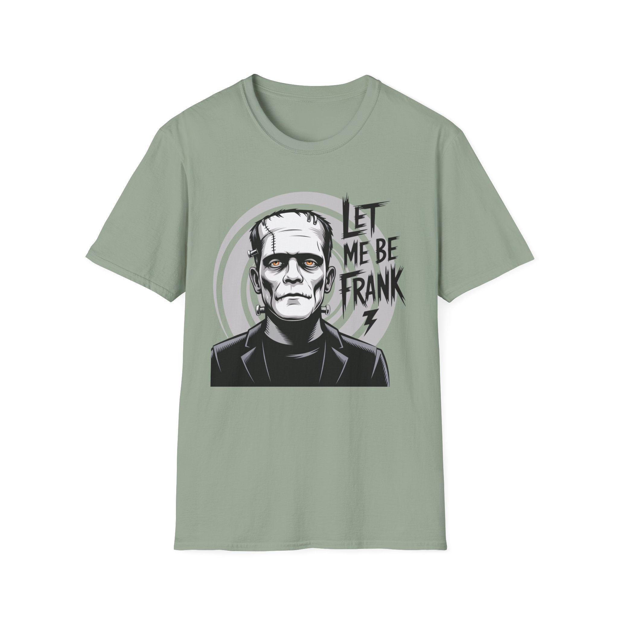 A sage green short-sleeve crewneck t-shirt featuring a graphic print of the character Frankenstein with the text 'LET ME BE FRANK' in black.