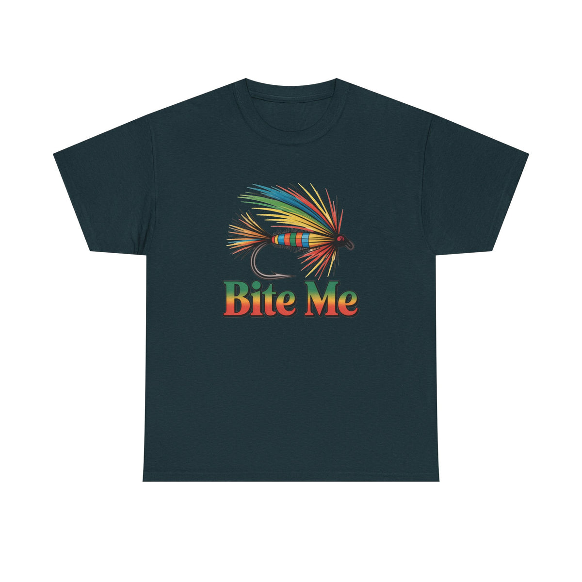 Fishing T-Shirt — Colorful Fly Design with "Bite Me" Text