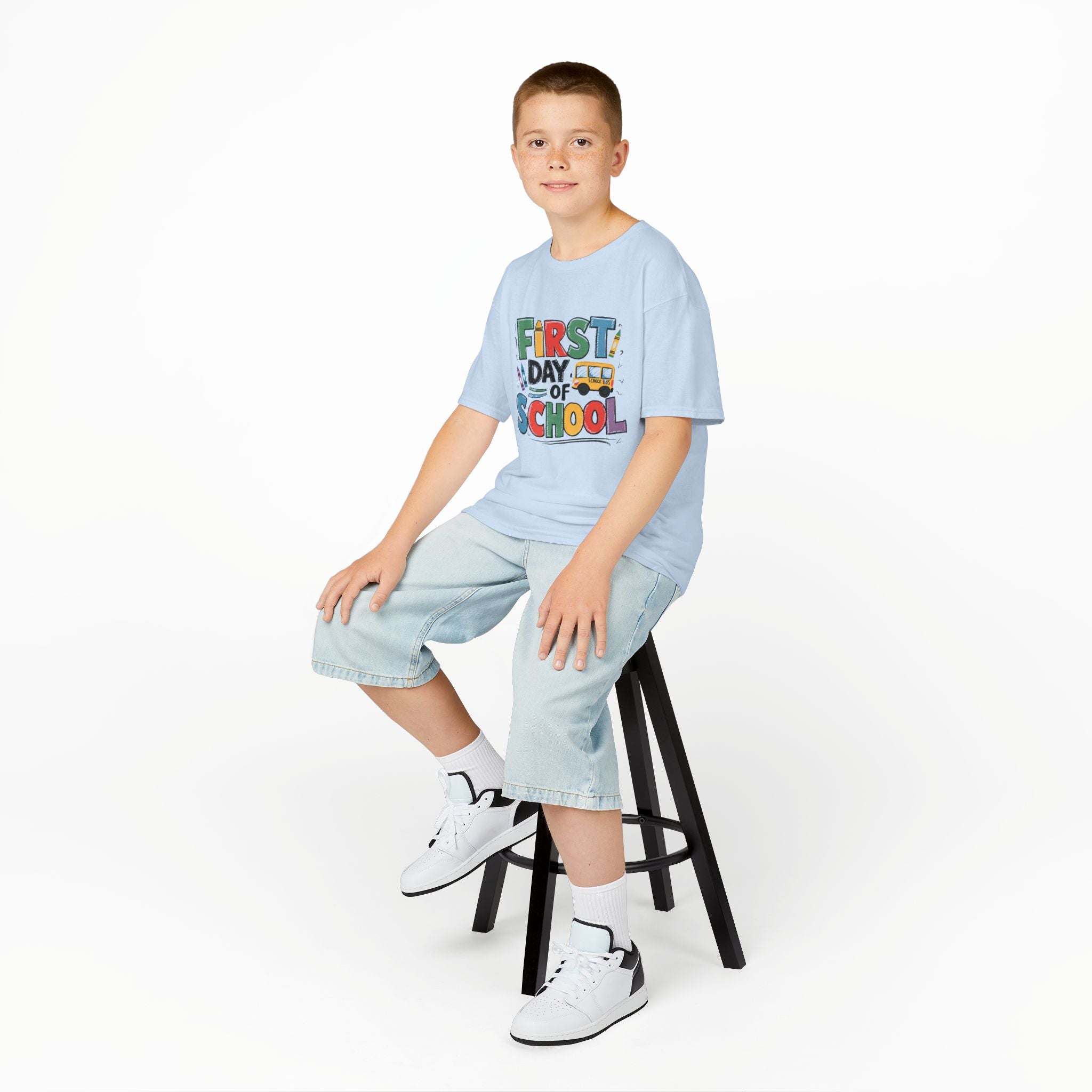 First Day of School Kids T-Shirt — Colorful Back-to-School Tee with School Bus Design