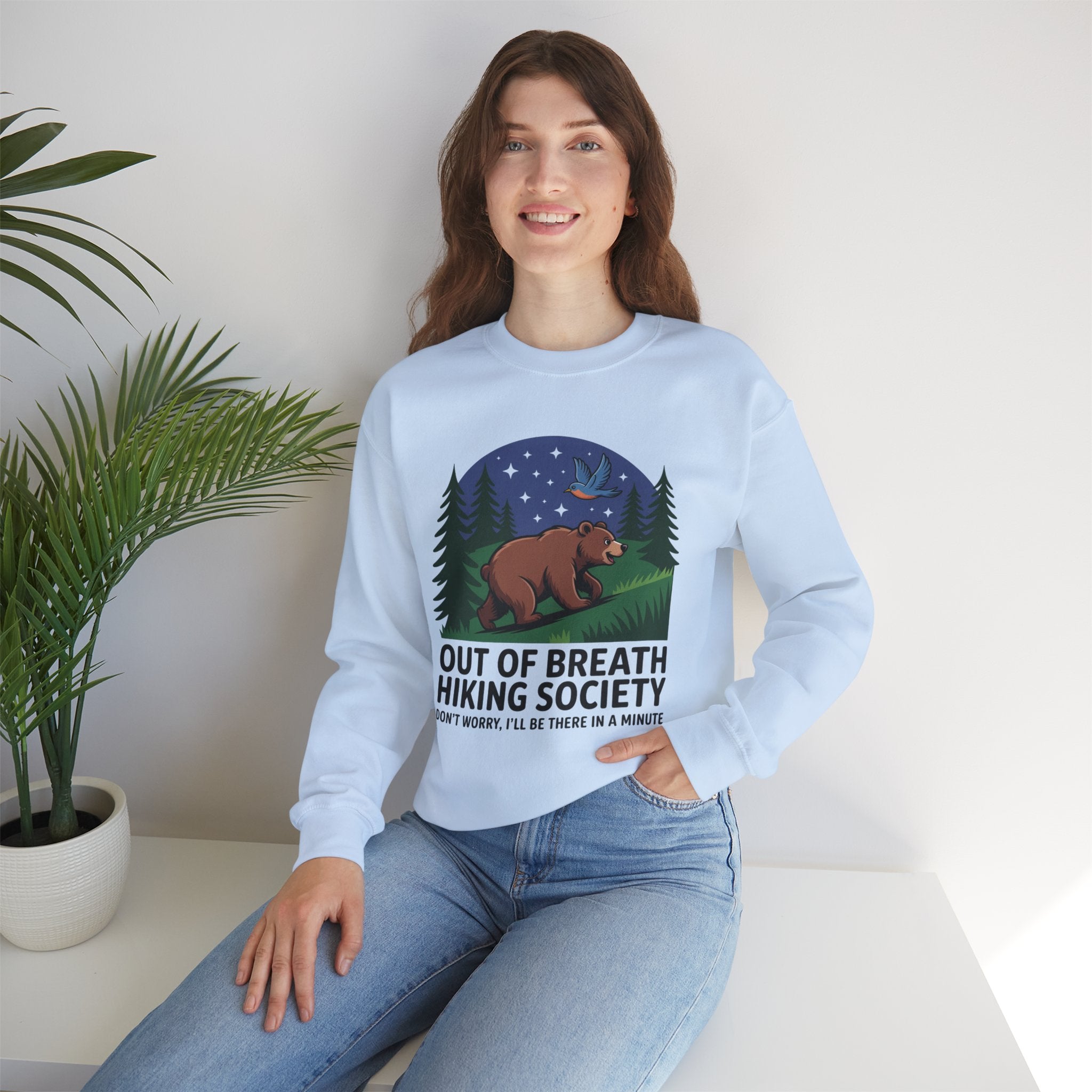 Out of Breath Hiking Society Crewneck Sweatshirt — Funny Bear Camping Graphic