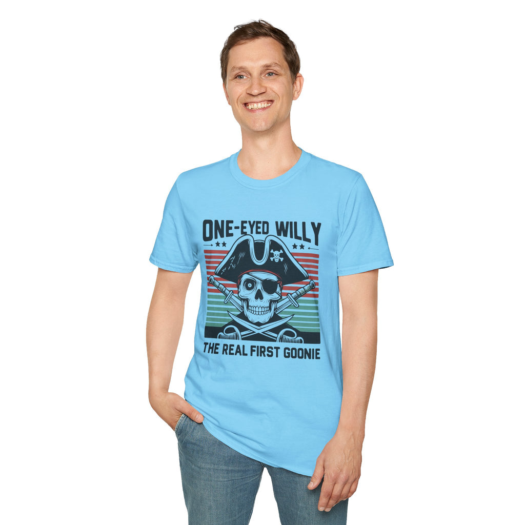 One-Eyed Willy Skull T-Shirt — Vintage Pirate 'The Real First Goonie' Tee