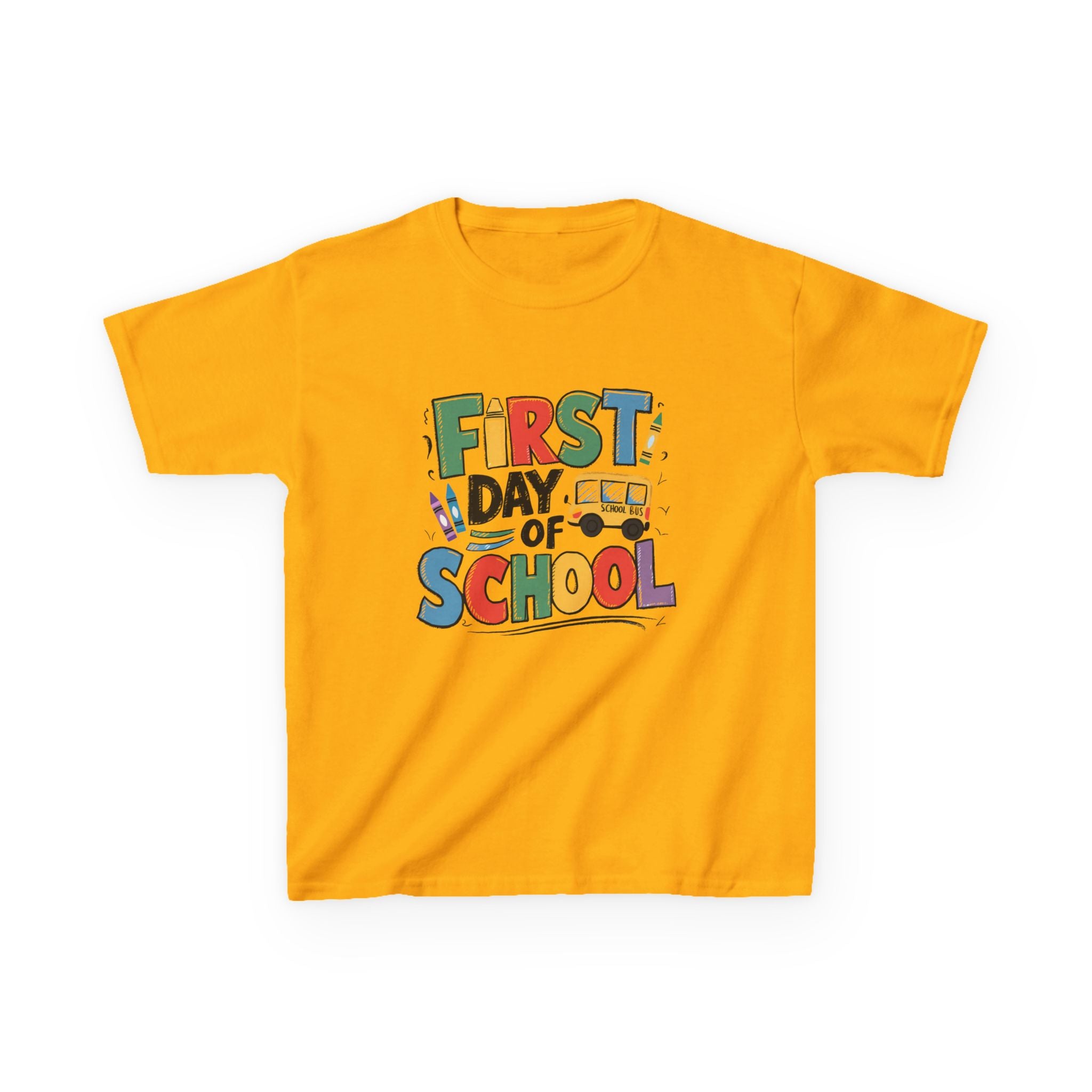 First Day of School Kids T-Shirt — Colorful Back-to-School Tee with School Bus Design