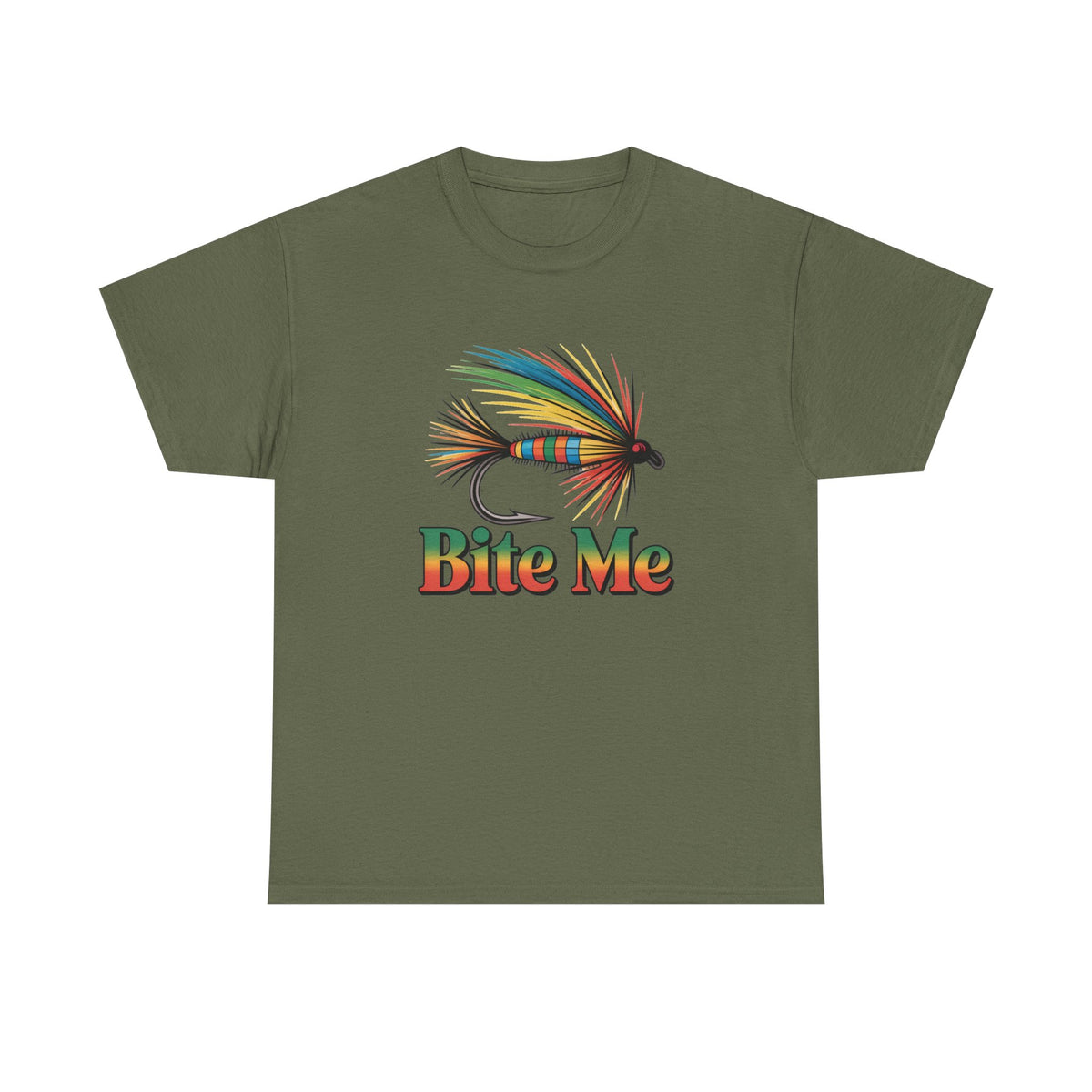 Fishing T-Shirt — Colorful Fly Design with "Bite Me" Text