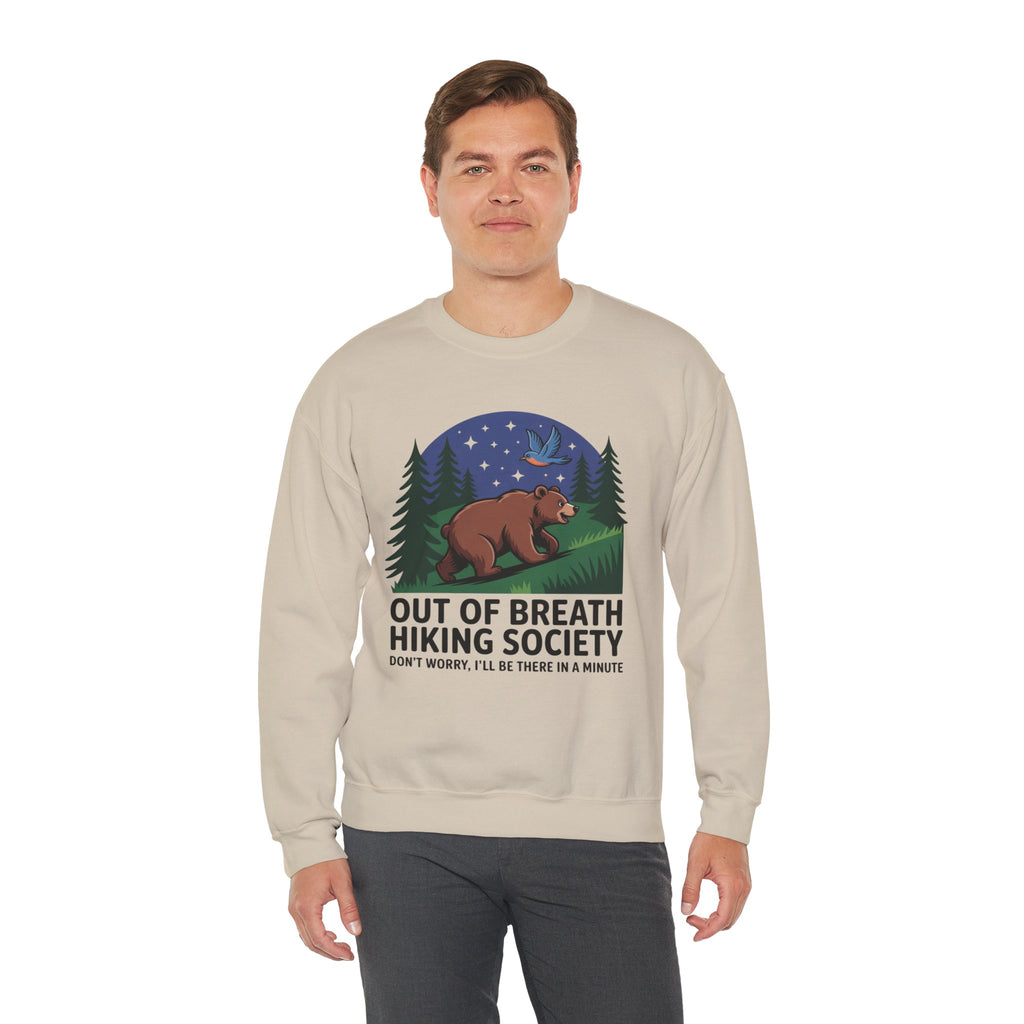 Out of Breath Hiking Society Crewneck Sweatshirt — Funny Bear Camping Graphic