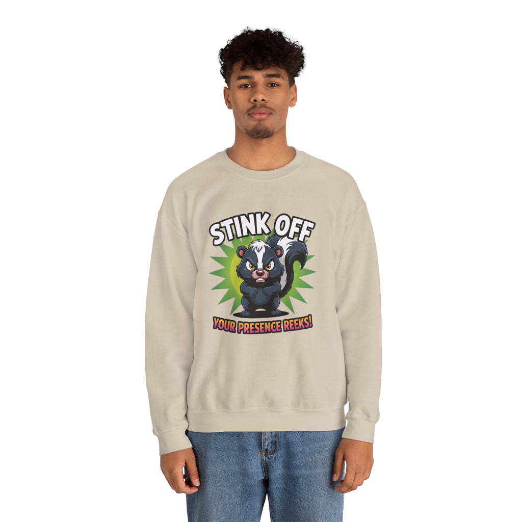 Stink Off Skunk Crewneck Sweatshirt — Funny 'Your Presence Reeks!' Graphic