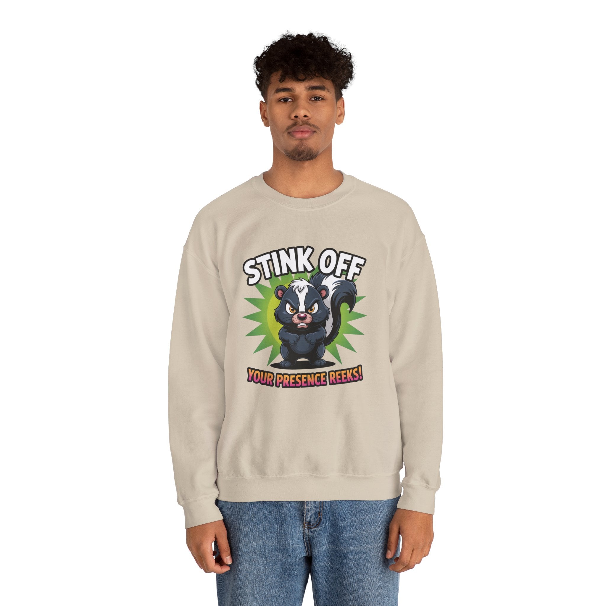 Stink Off Skunk Crewneck Sweatshirt — Funny 'Your Presence Reeks!' Graphic