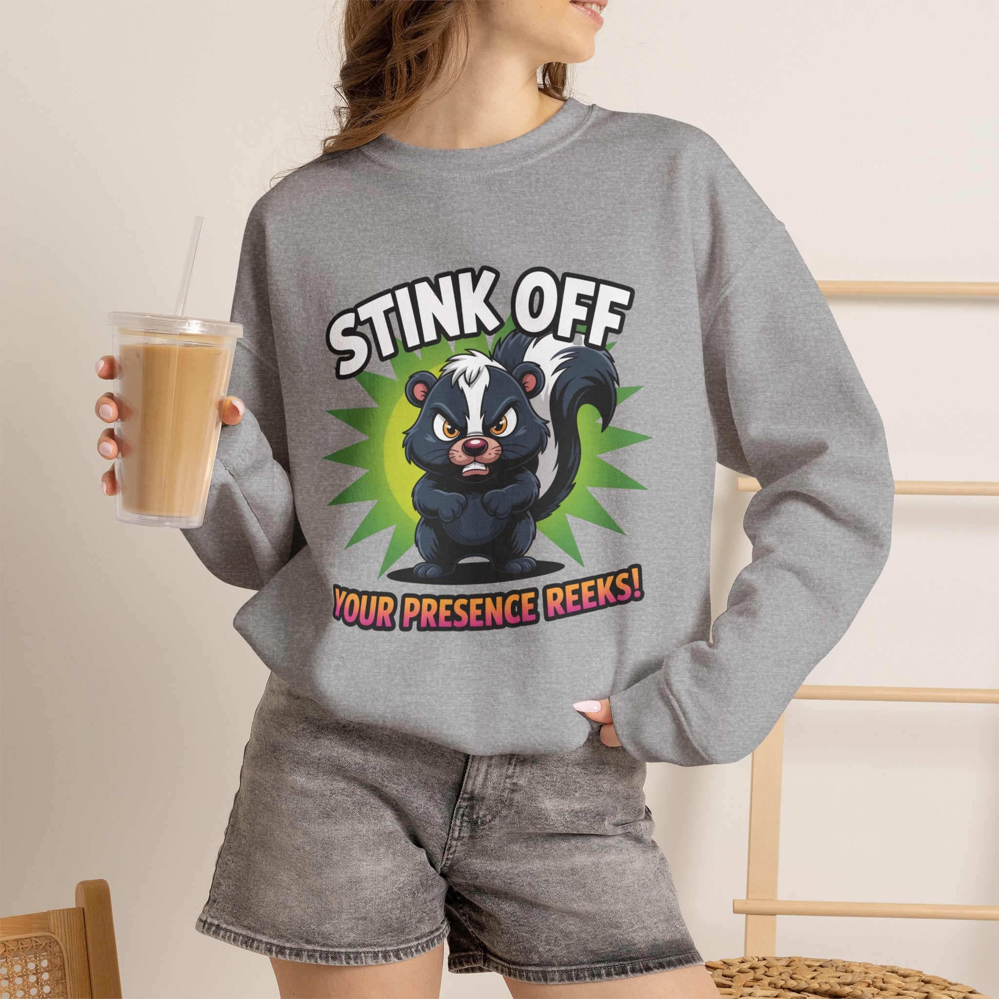 Stink Off Skunk Crewneck Sweatshirt — Funny 'Your Presence Reeks!' Graphic