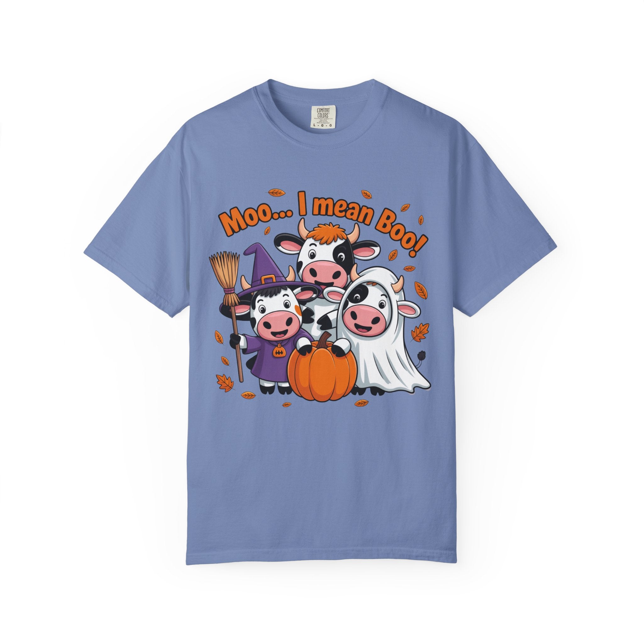 Halloween Cow T-Shirt – “Moo... I mean Boo!” Cute Pumpkin & Witch Cows Graphic Tee