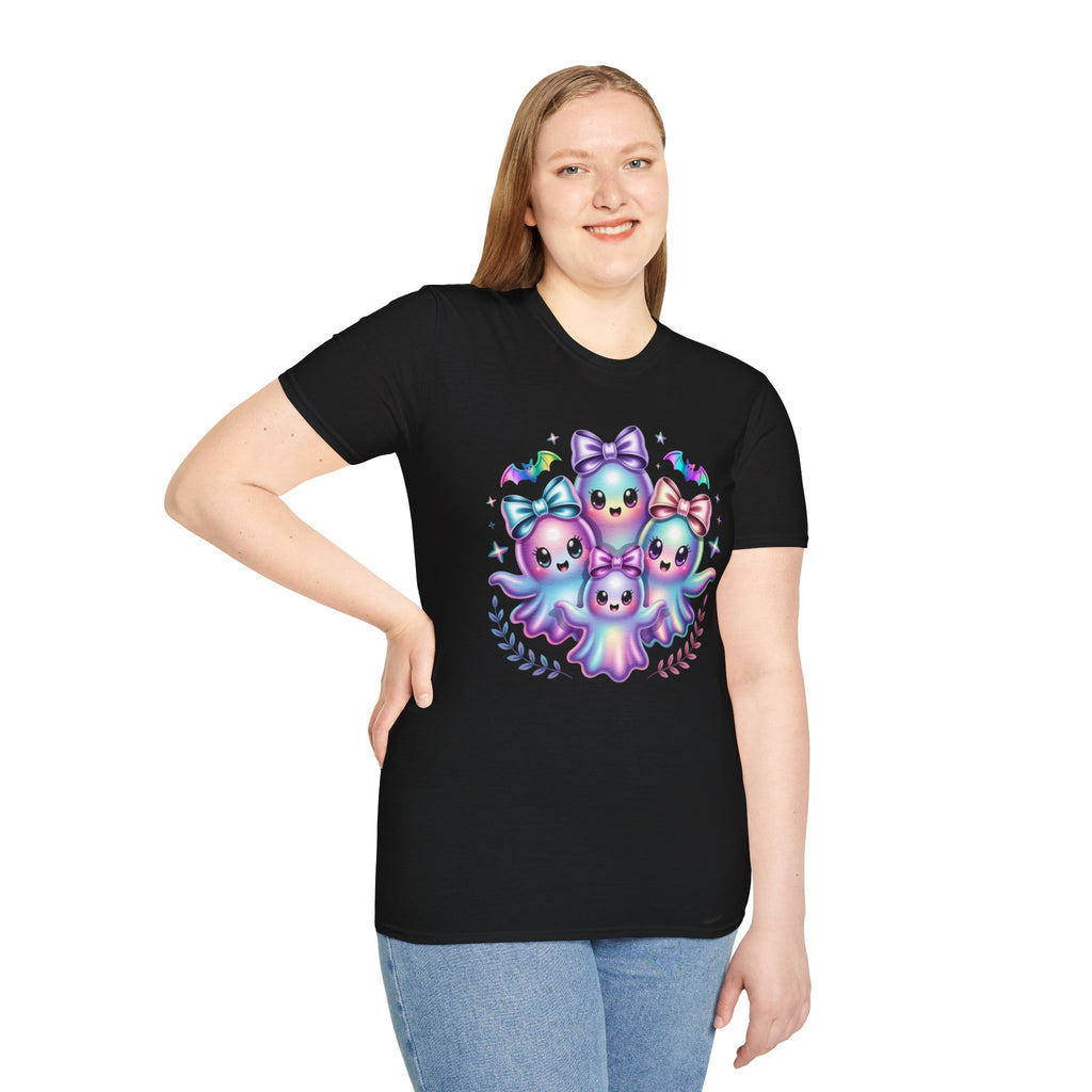 Cute Pastel Ghosts T-Shirt — Kawaii Iridescent Ghost Trio with Bows