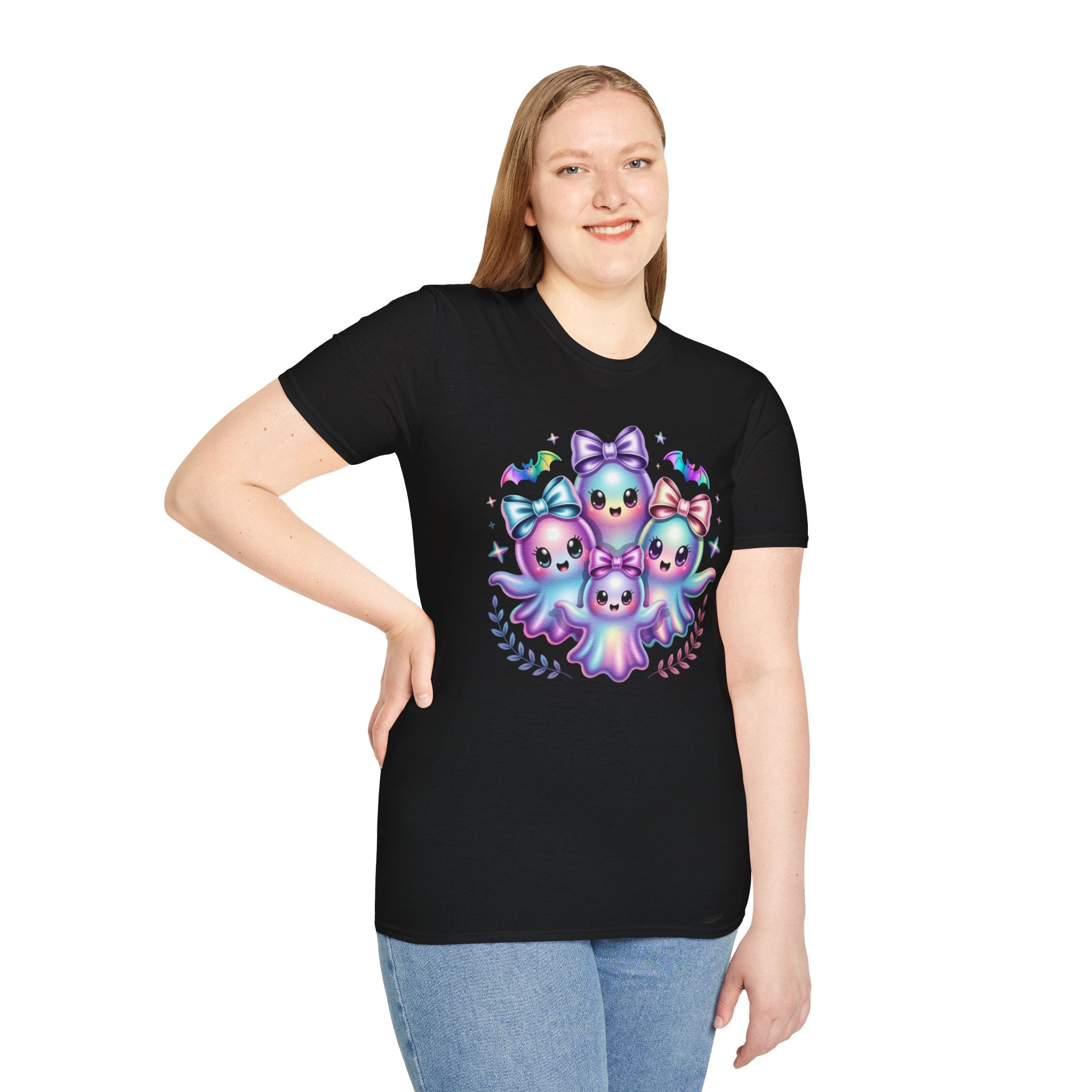 Cute Pastel Ghosts T-Shirt — Kawaii Iridescent Ghost Trio with Bows