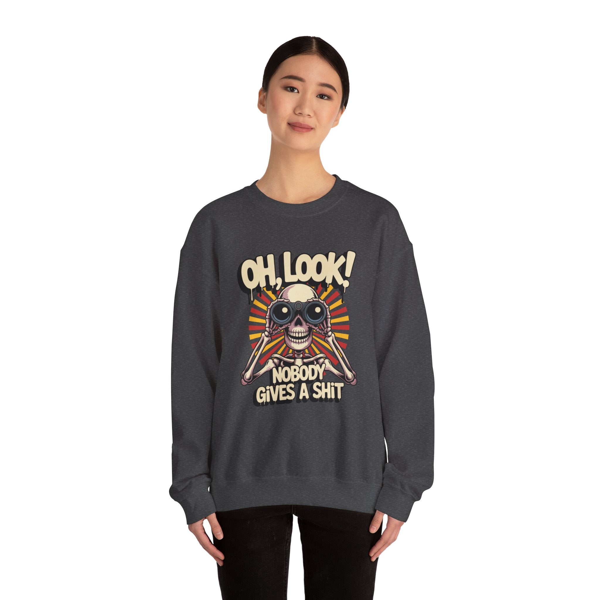 Crewneck Sweatshirt — 'Oh, Look! Nobody Gives a Shit' Skull Binoculars Graphic