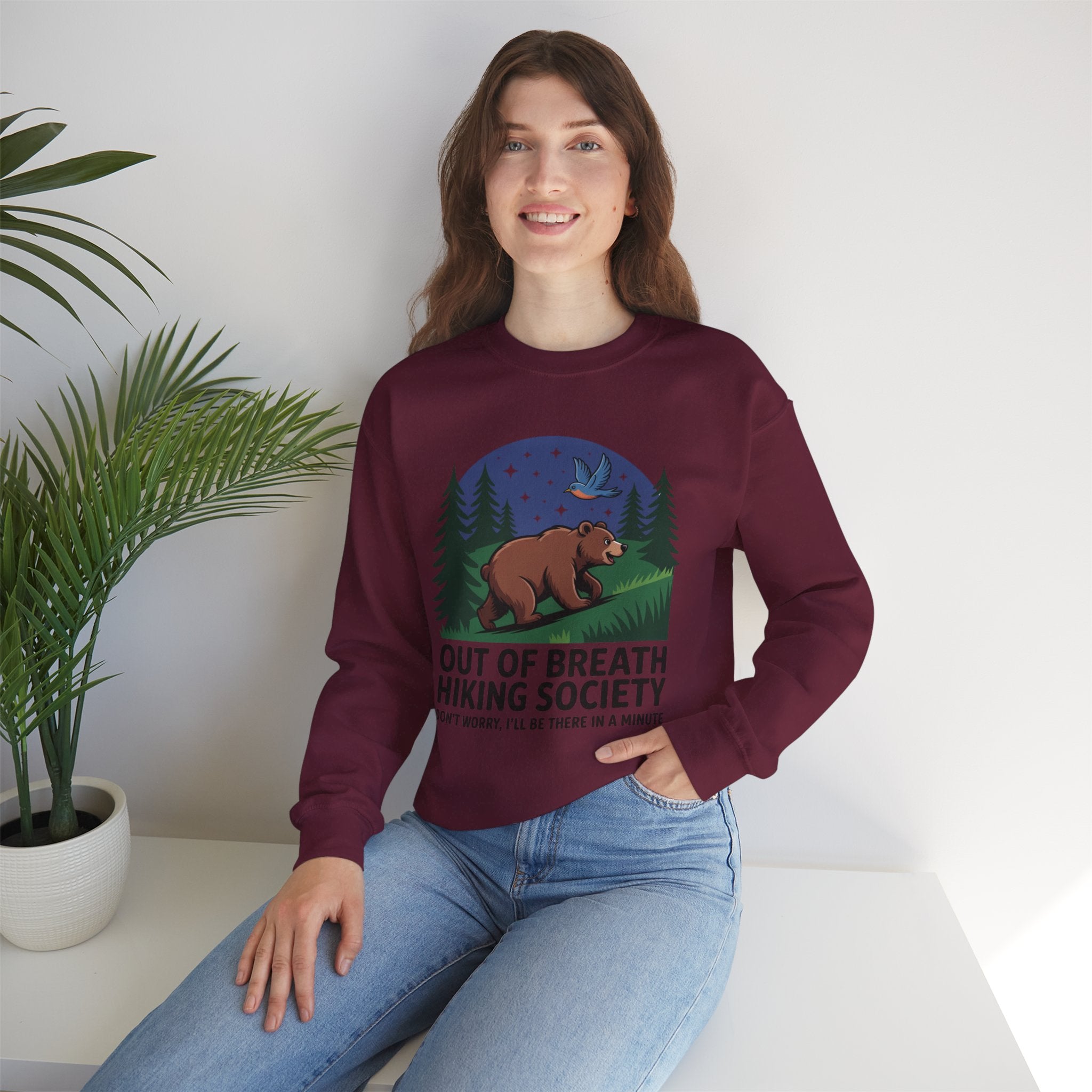 Out of Breath Hiking Society Crewneck Sweatshirt — Funny Bear Camping Graphic