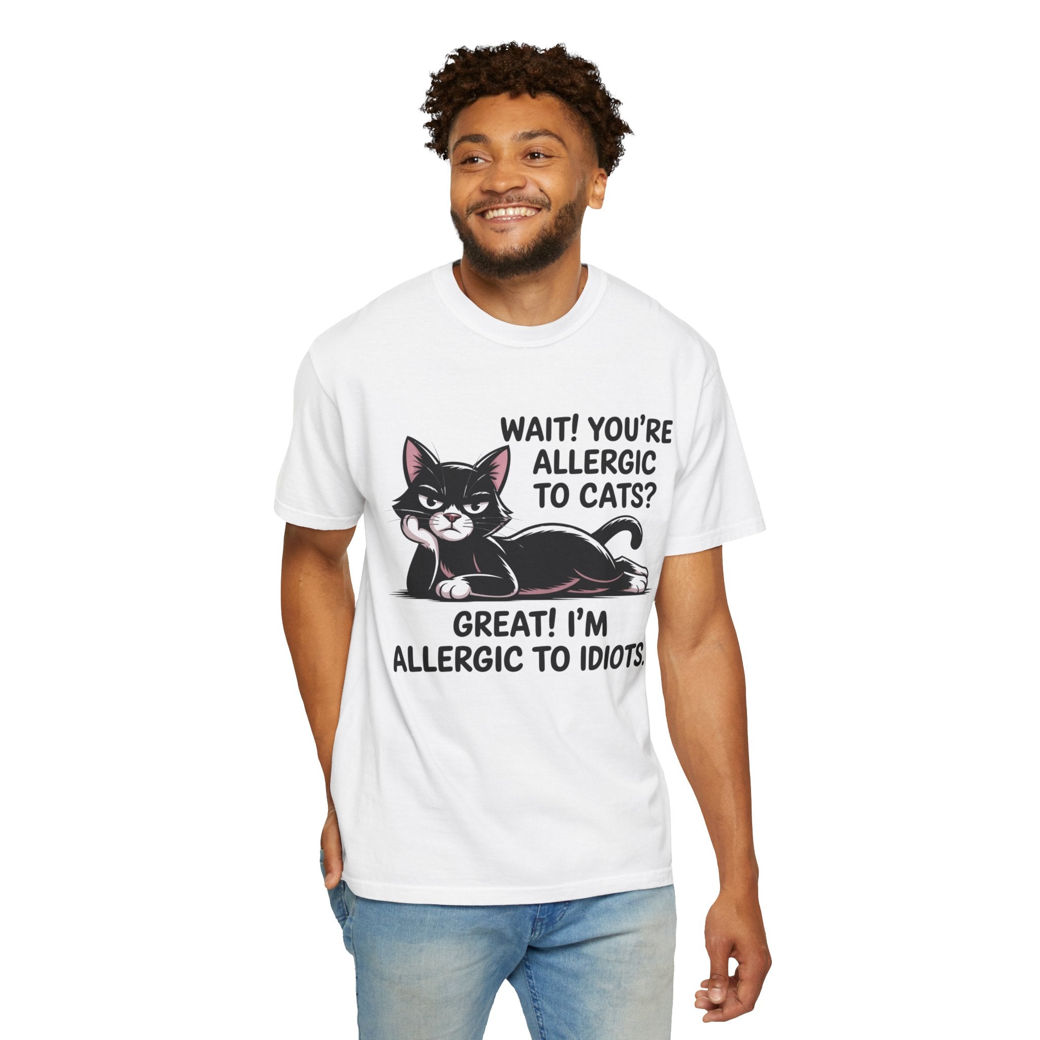 Funny Cat Lover T-Shirt — Allergic to Idiots Humor Gift Tee for Cat Moms