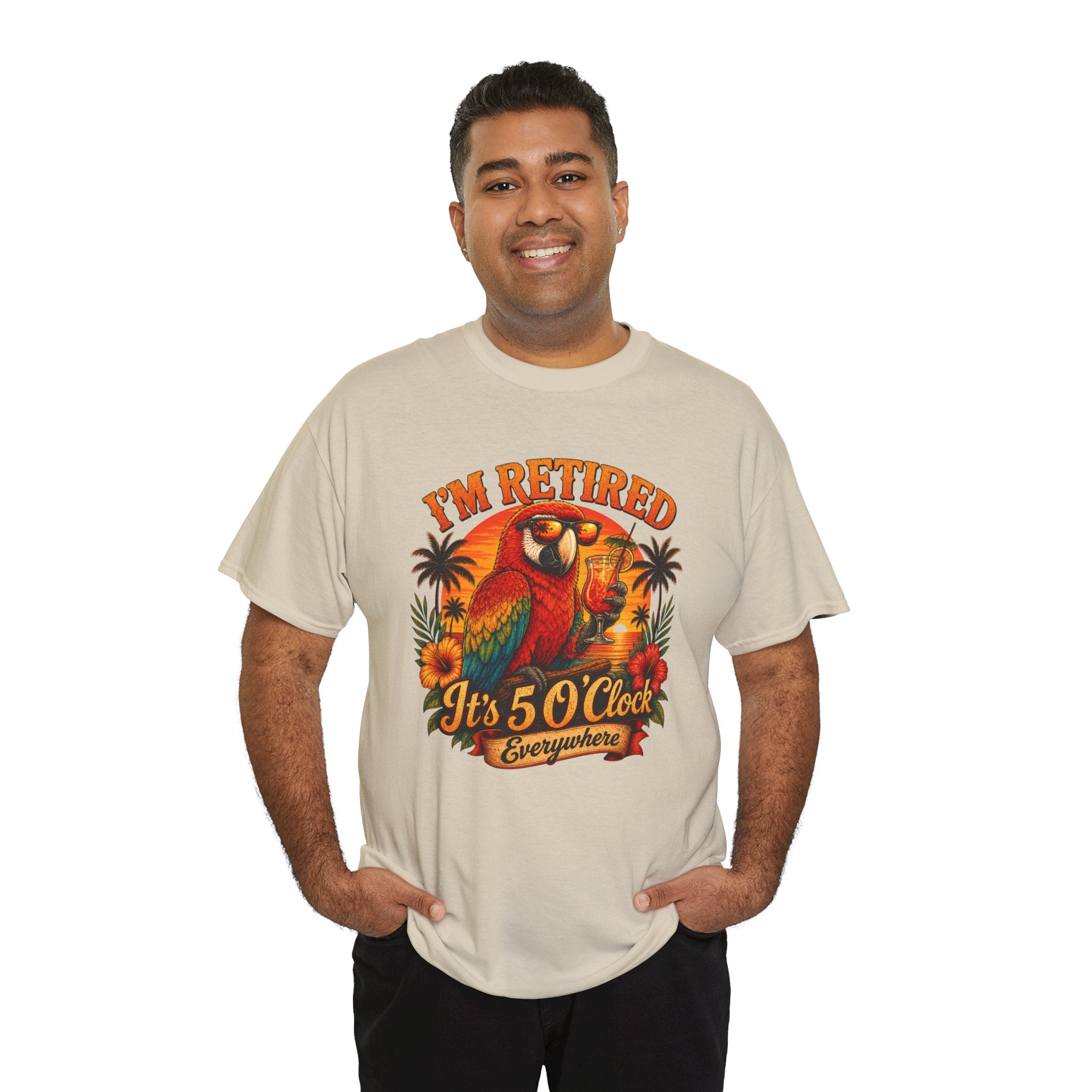 Funny Retirement T-Shirt — It's 5 O'Clock Everywhere Parrot Gift Tee for Retirees