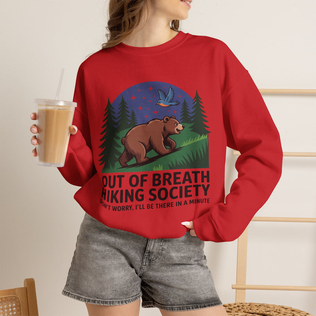 Out of Breath Hiking Society Crewneck Sweatshirt — Funny Bear Camping Graphic