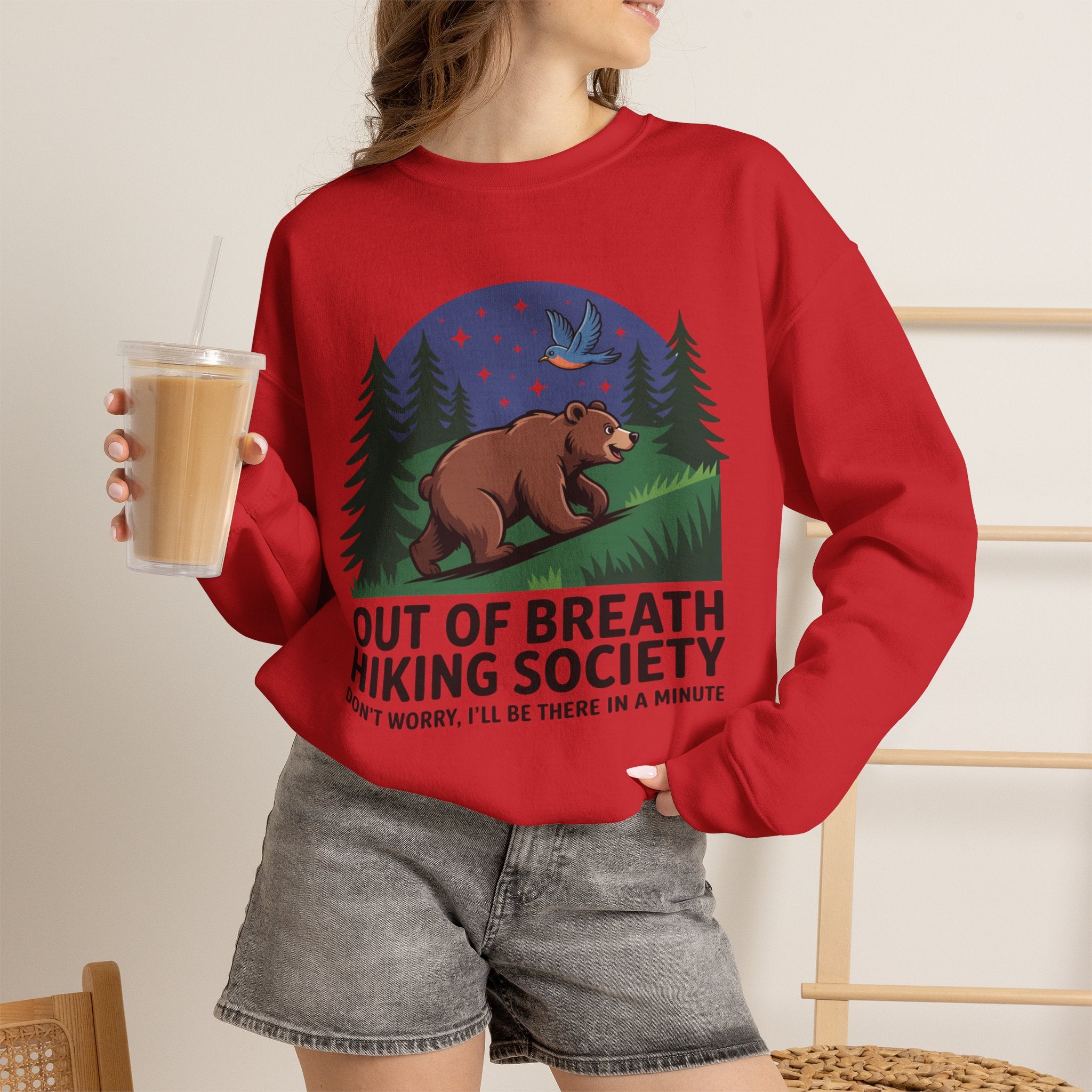 Out of Breath Hiking Society Crewneck Sweatshirt — Funny Bear Camping Graphic