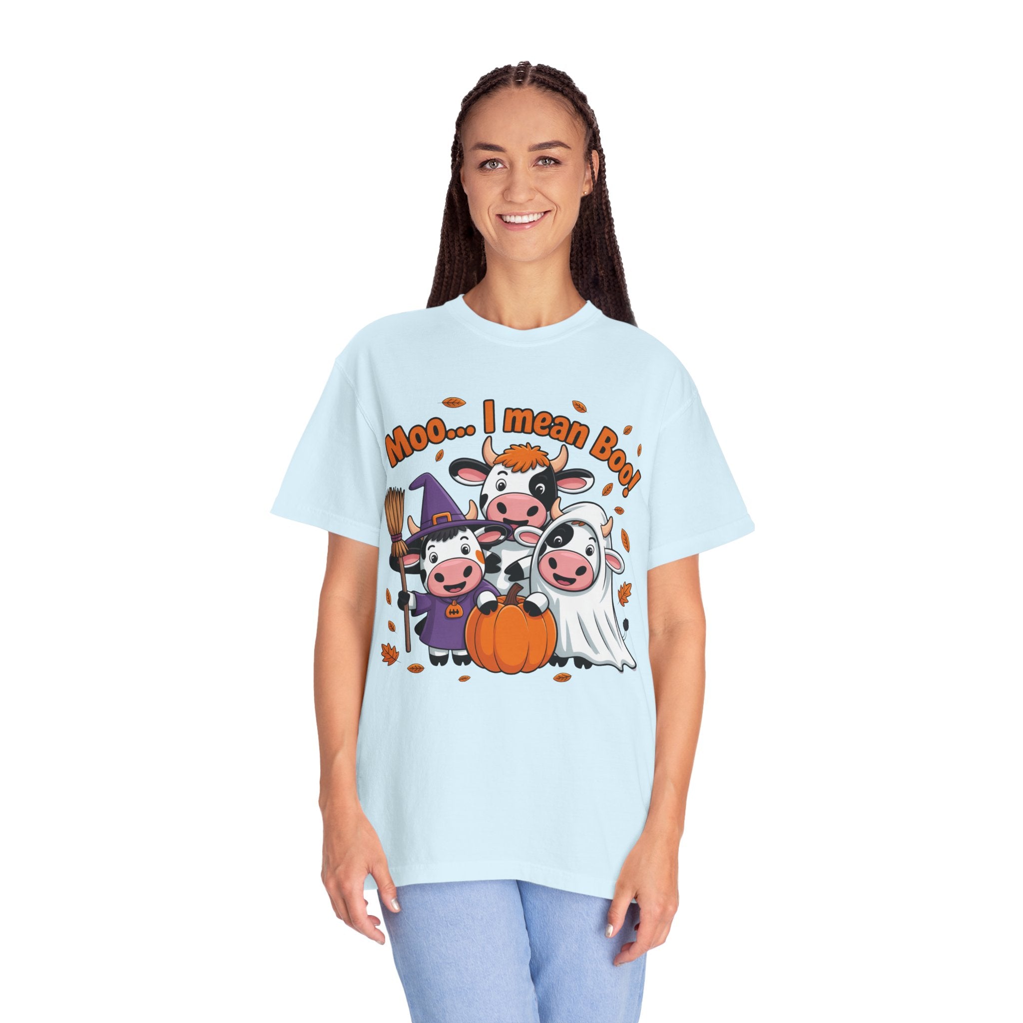 Halloween Cow T-Shirt – “Moo... I mean Boo!” Cute Pumpkin & Witch Cows Graphic Tee