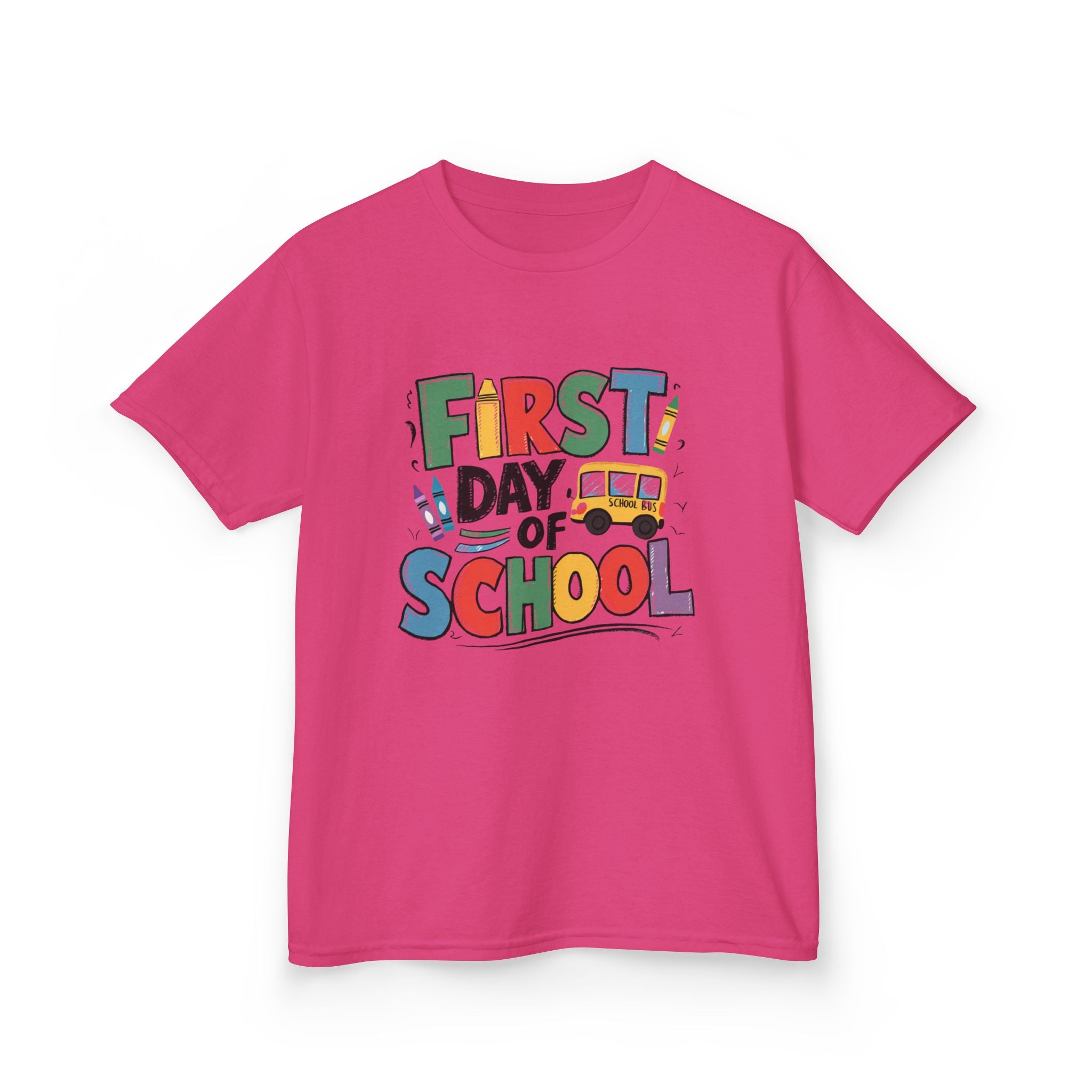 First Day of School Kids T-Shirt — Colorful Back-to-School Tee with School Bus Design