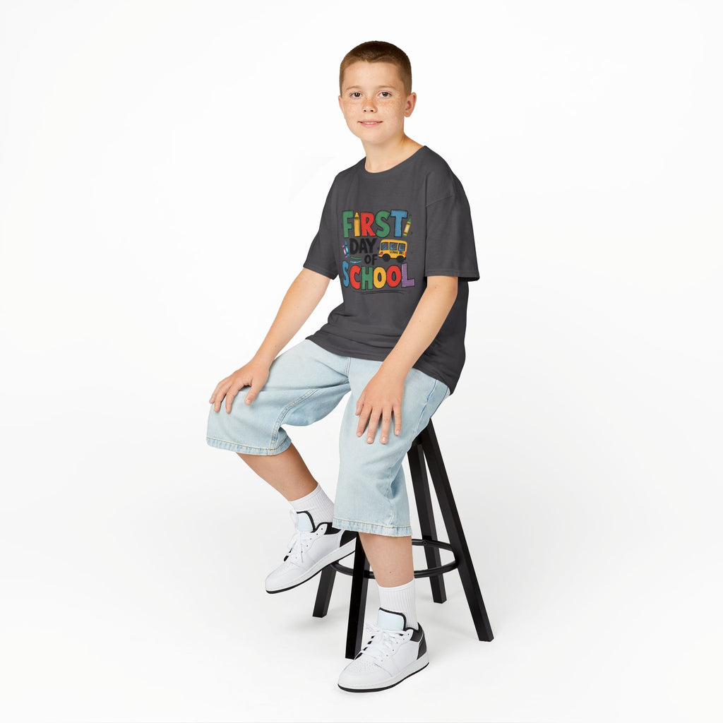 First Day of School Kids T-Shirt — Colorful Back-to-School Tee with School Bus Design