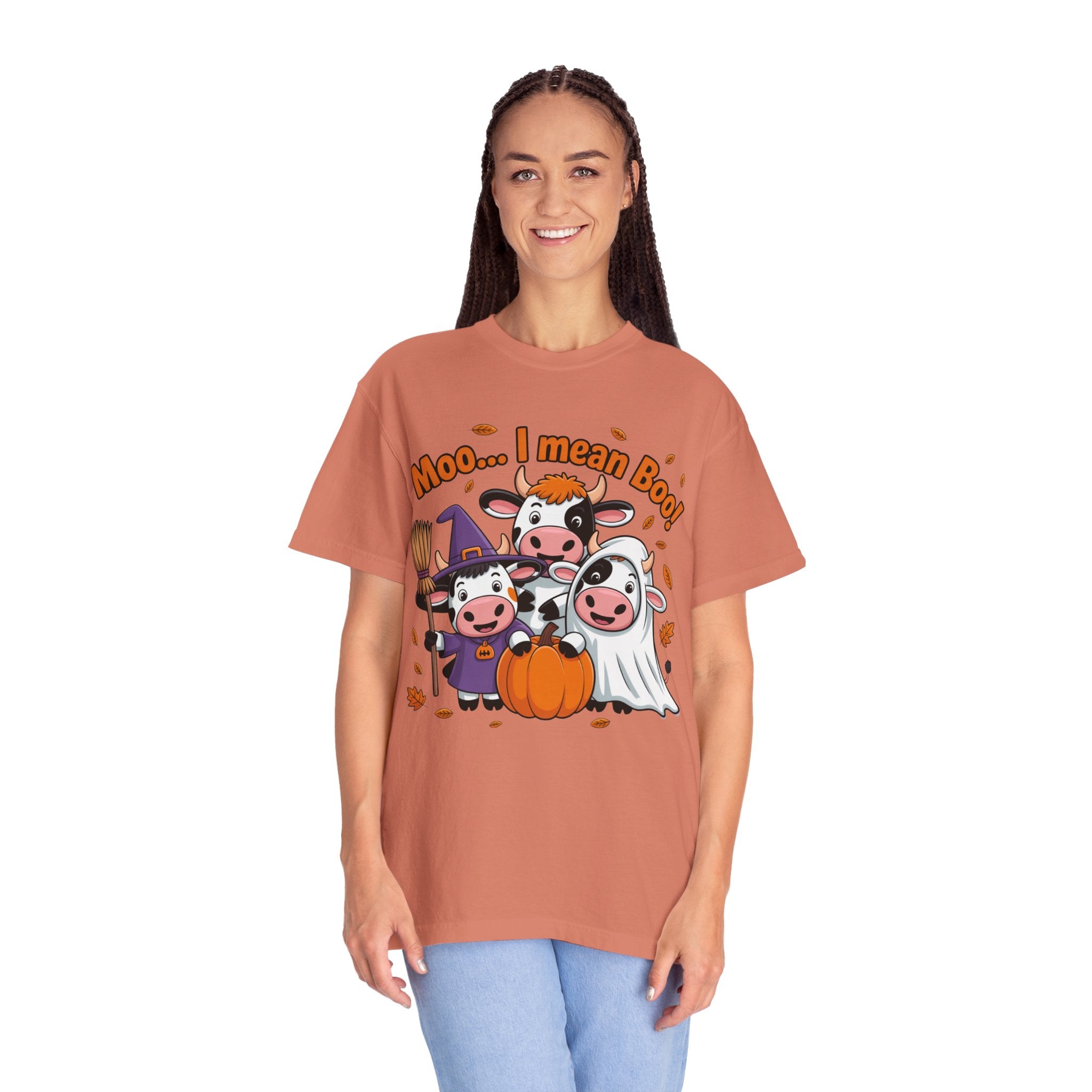 Halloween Cow T-Shirt – “Moo... I mean Boo!” Cute Pumpkin & Witch Cows Graphic Tee