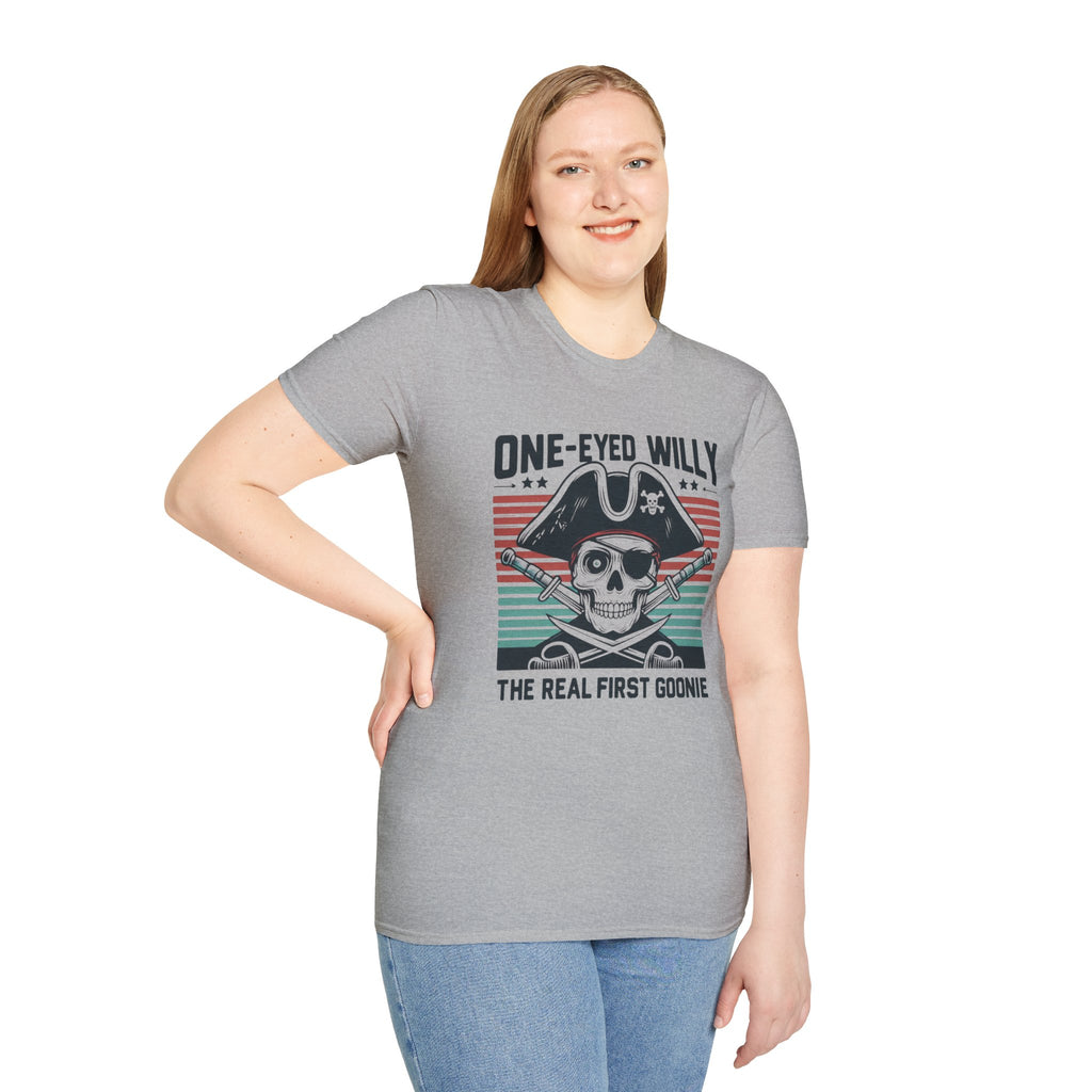 One-Eyed Willy Skull T-Shirt — Vintage Pirate 'The Real First Goonie' Tee