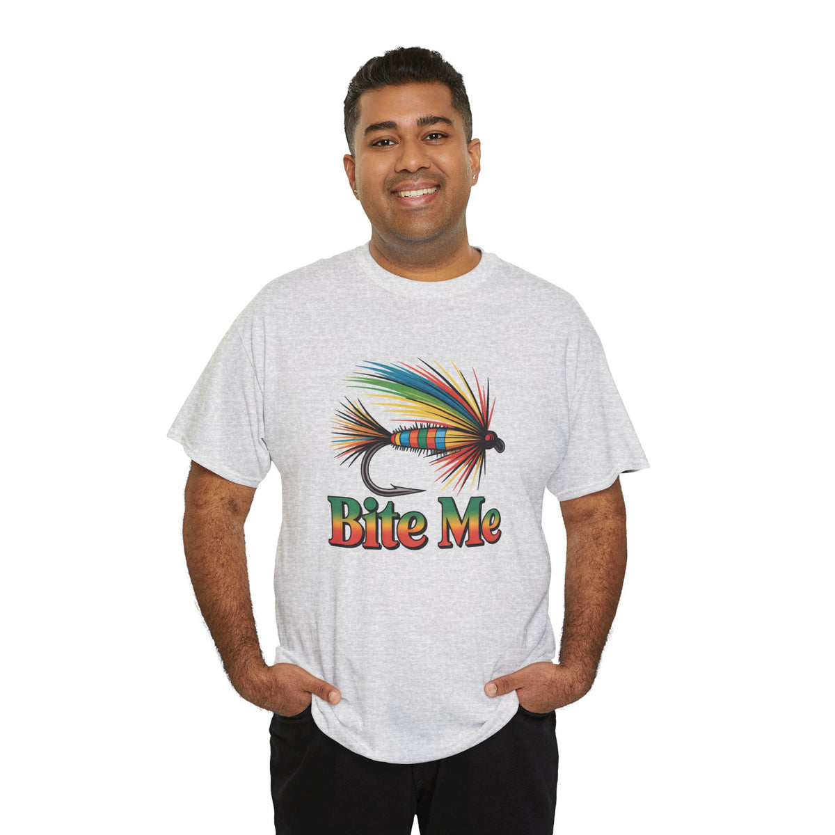 Fishing T-Shirt — Colorful Fly Design with "Bite Me" Text