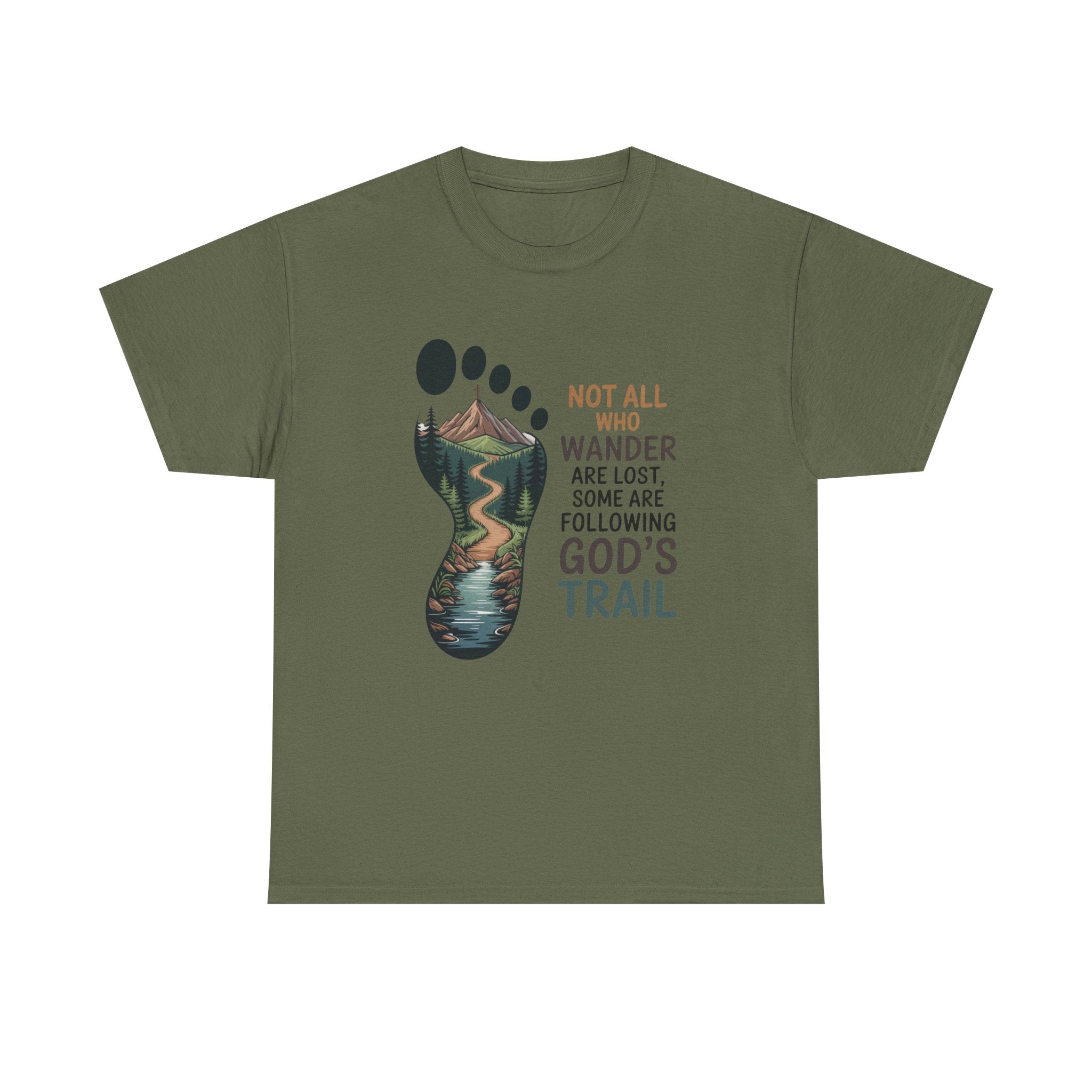 God's Trail Footprint T-Shirt — Christian Hiking Tee ("Not All Who Wander...")