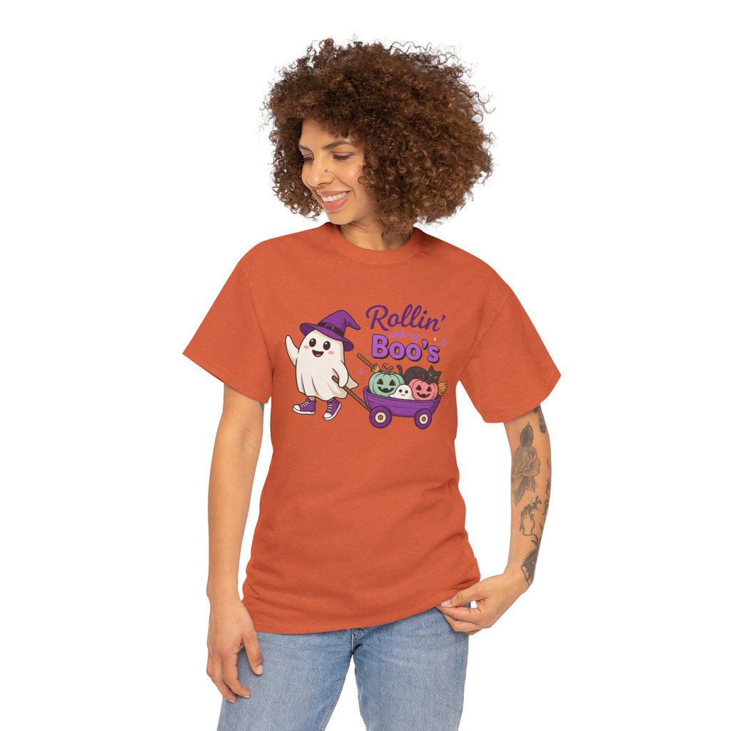 Rollin' Boo's Halloween Tee — Cute Ghost Wagon Pumpkin Kids Shirt