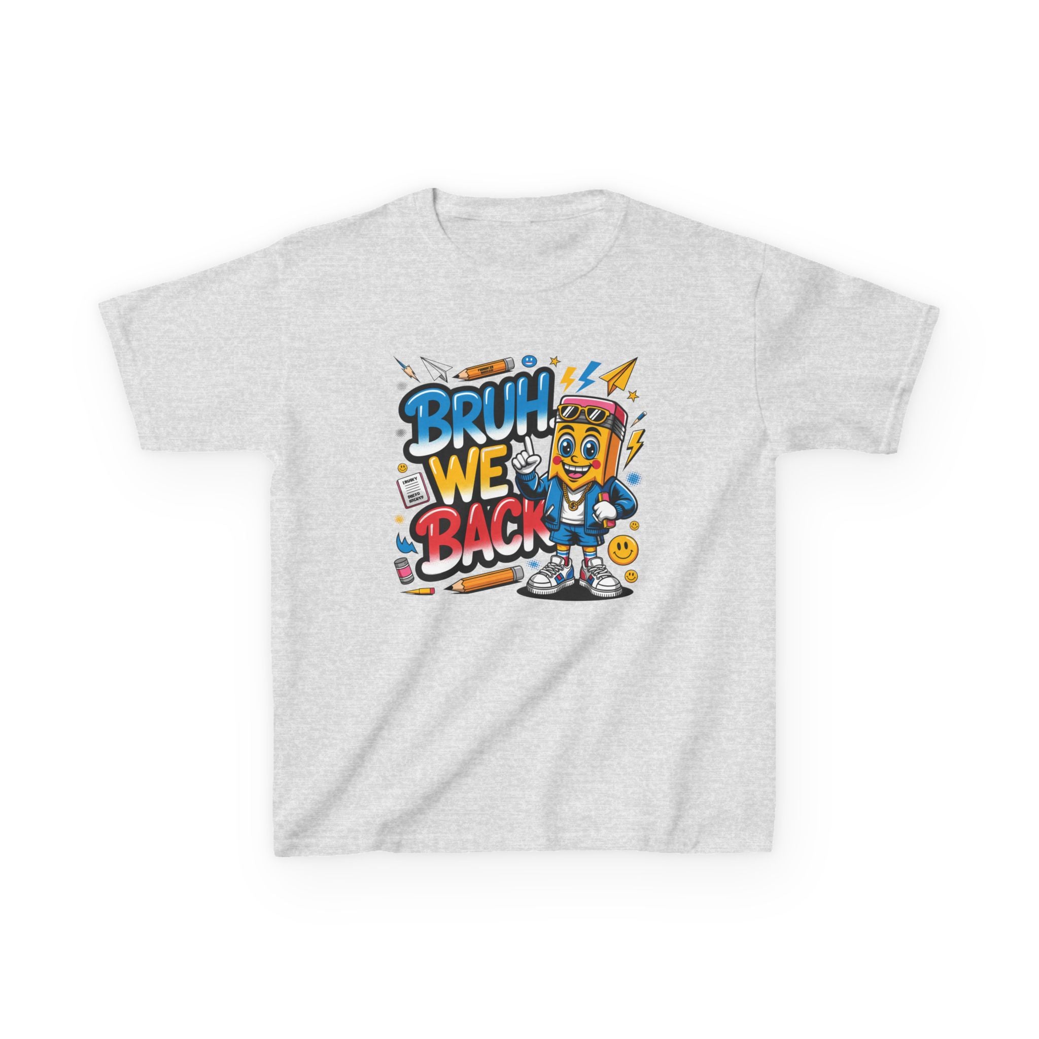 A light heather gray short-sleeve t-shirt with a colorful graphic on the chest that reads 'BRUH WE BACK' in bold graffiti-style lettering, featuring a cartoon character wearing a pink cap and blue jacket.