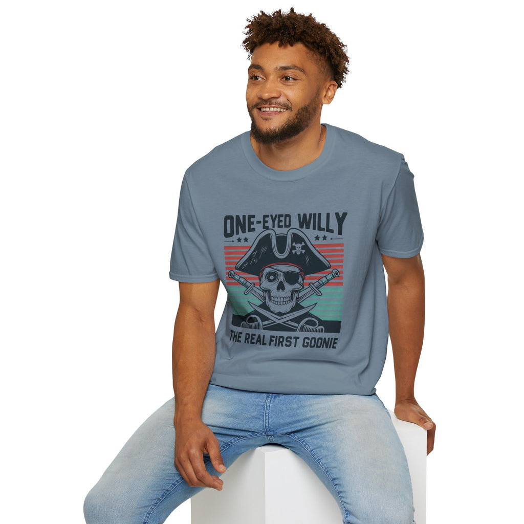 One-Eyed Willy Skull T-Shirt — Vintage Pirate 'The Real First Goonie' Tee