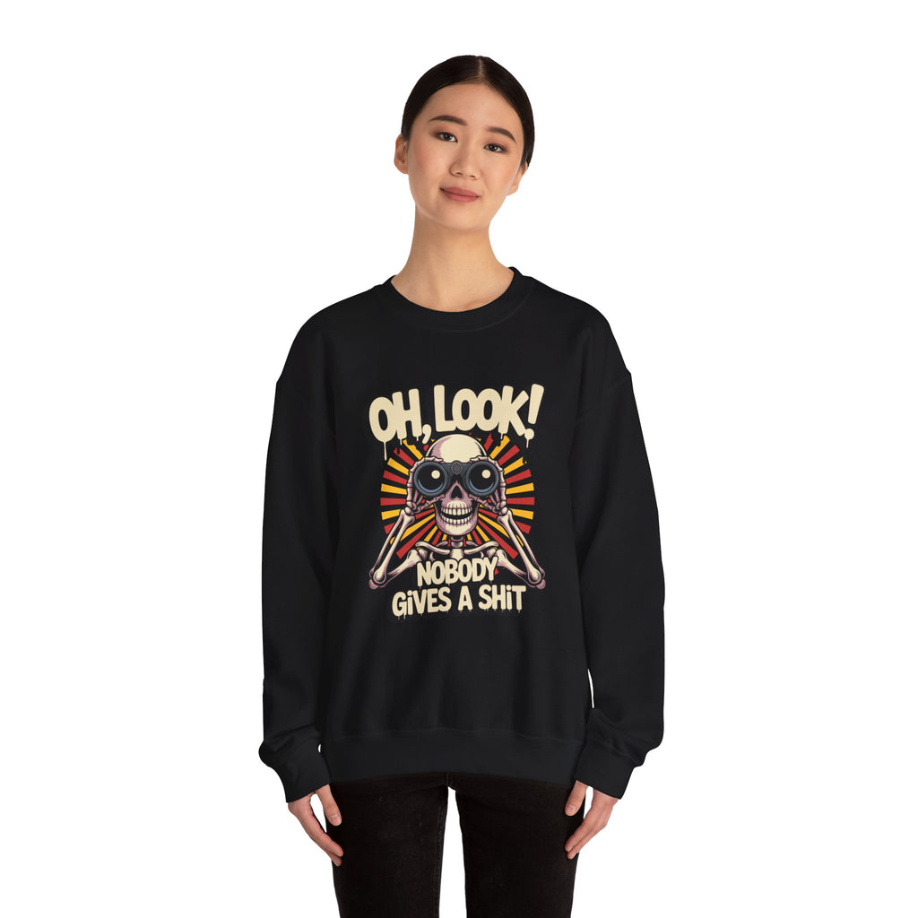 Crewneck Sweatshirt — 'Oh, Look! Nobody Gives a Shit' Skull Binoculars Graphic