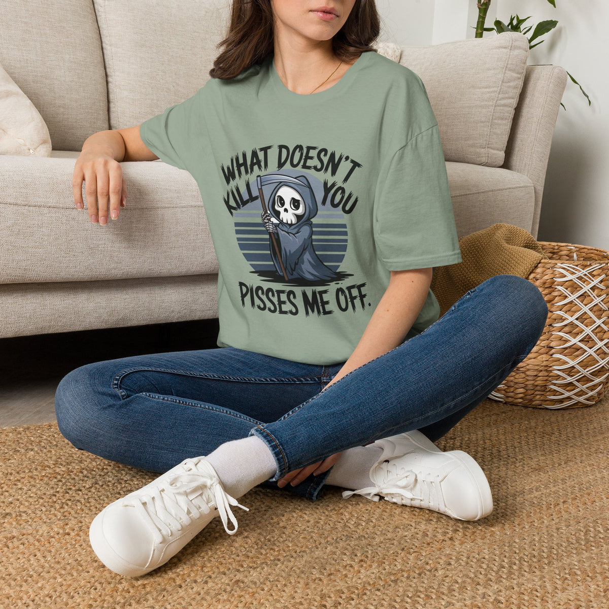 T-Shirt — "What Doesn't Kill You Pisses Me Off" Grim Reaper Graphic Tee