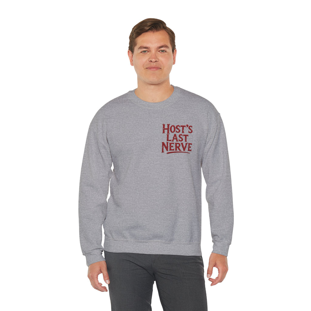Funny Thanksgiving Host Crewneck Sweatshirt — Host's Last Nerve Merlot Spill Turkey Humor Gift Pullover