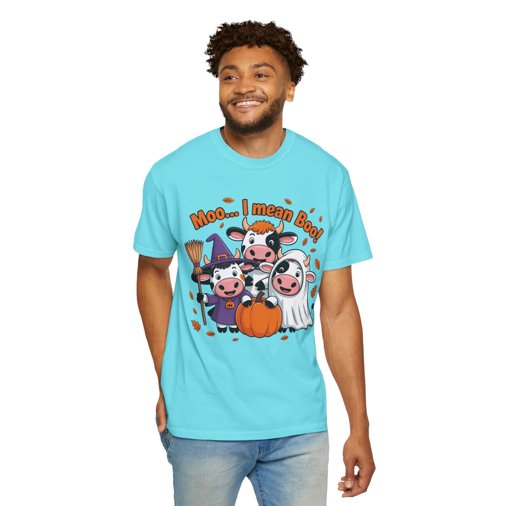 Halloween Cow T-Shirt – “Moo... I mean Boo!” Cute Pumpkin & Witch Cows Graphic Tee