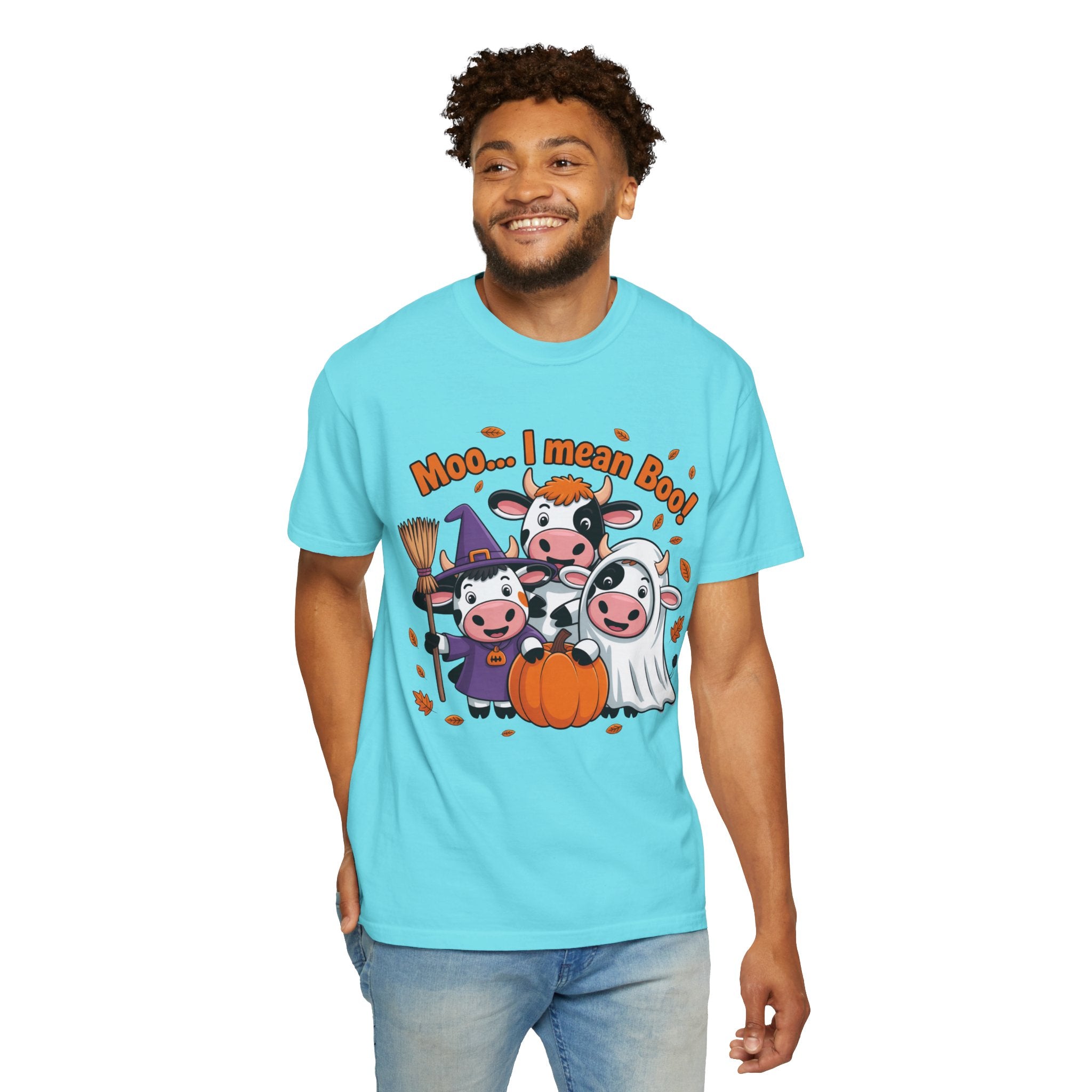 Halloween Cow T-Shirt – “Moo... I mean Boo!” Cute Pumpkin & Witch Cows Graphic Tee