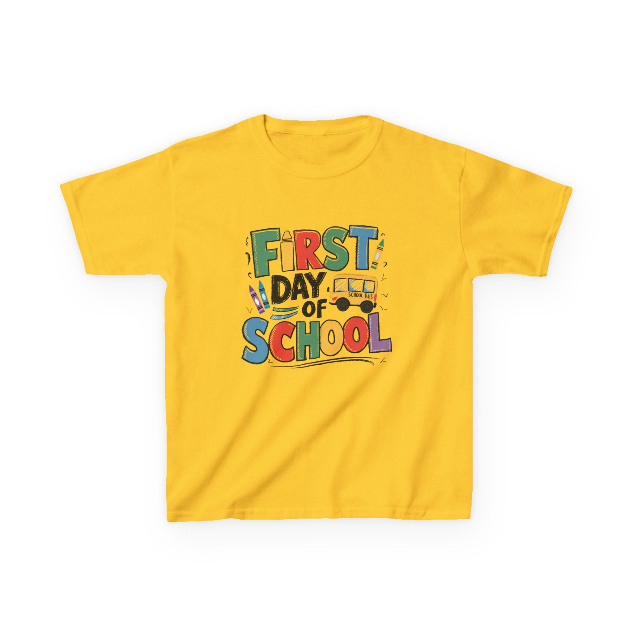 First Day of School Kids T-Shirt — Colorful Back-to-School Tee with School Bus Design