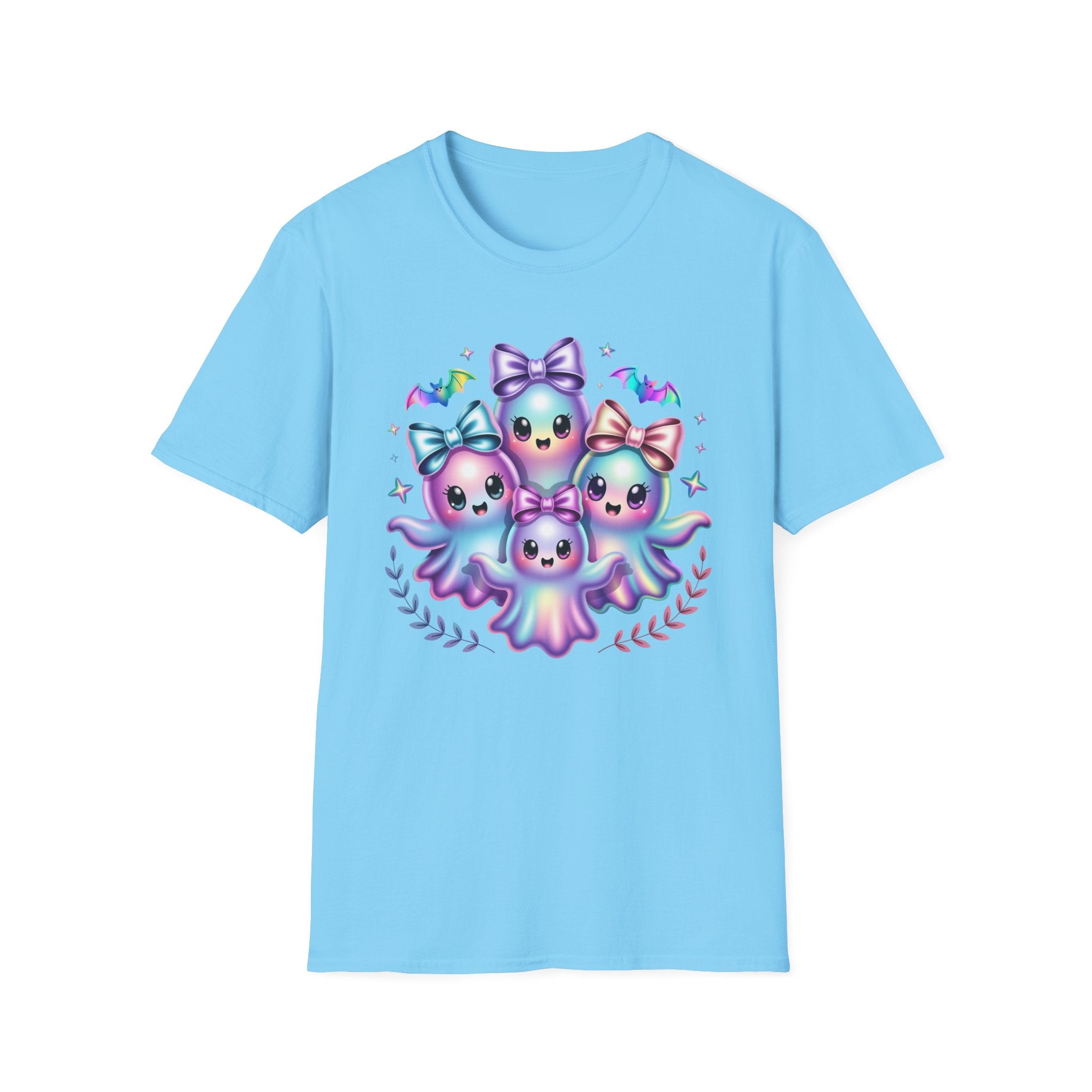 Cute Pastel Ghosts T-Shirt — Kawaii Iridescent Ghost Trio with Bows