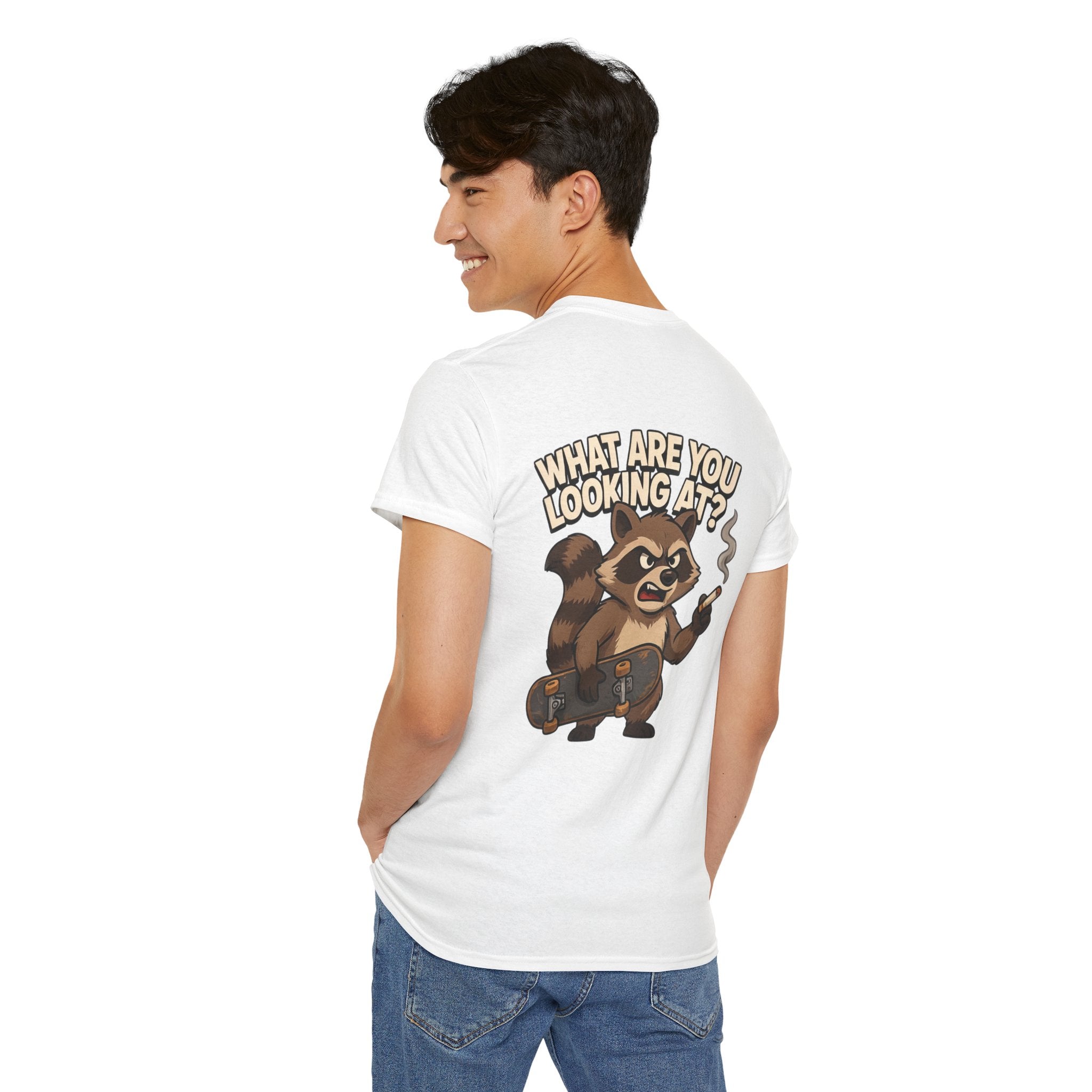 Graphic Tee — "What Are You Looking At?" Raccoon Illustration T-Shirt