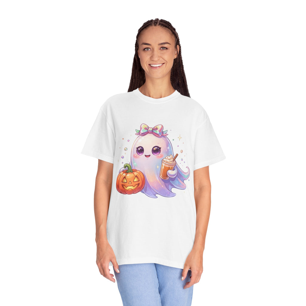 Cute Halloween Ghost T-Shirt — Kawaii Pumpkin & Candy Drink Graphic