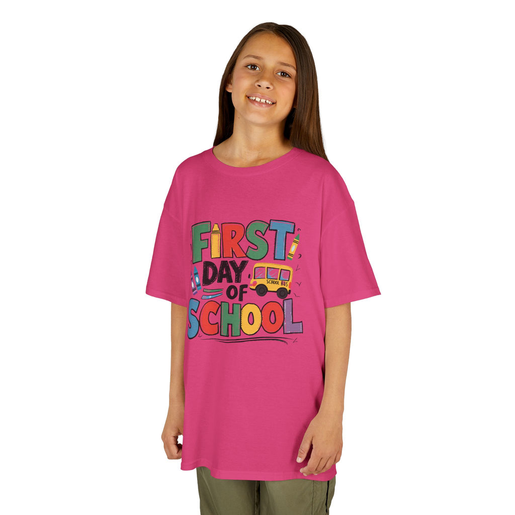 First Day of School Kids T-Shirt — Colorful Back-to-School Tee with School Bus Design