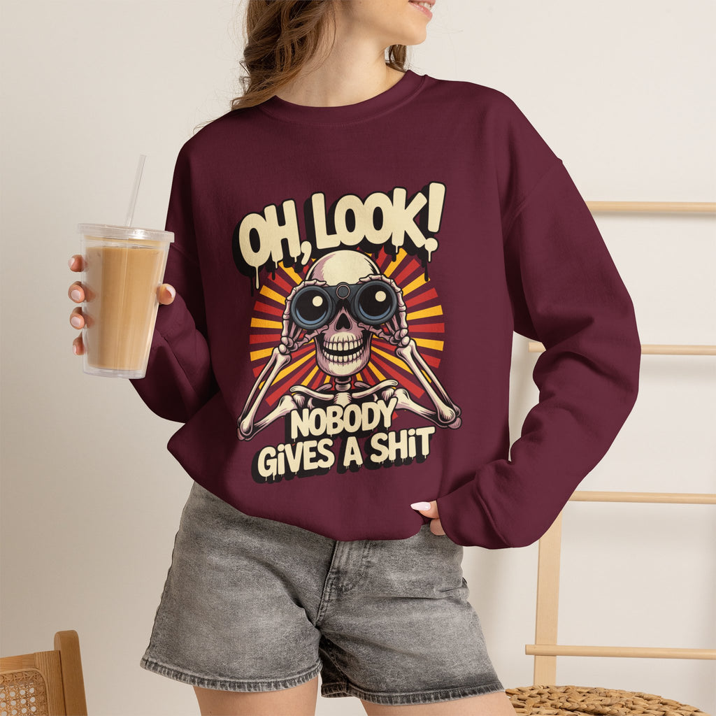 Crewneck Sweatshirt — 'Oh, Look! Nobody Gives a Shit' Skull Binoculars Graphic