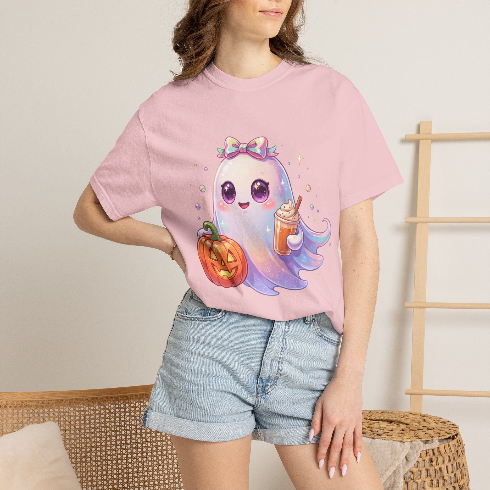 Cute Halloween Ghost T-Shirt — Kawaii Pumpkin & Candy Drink Graphic